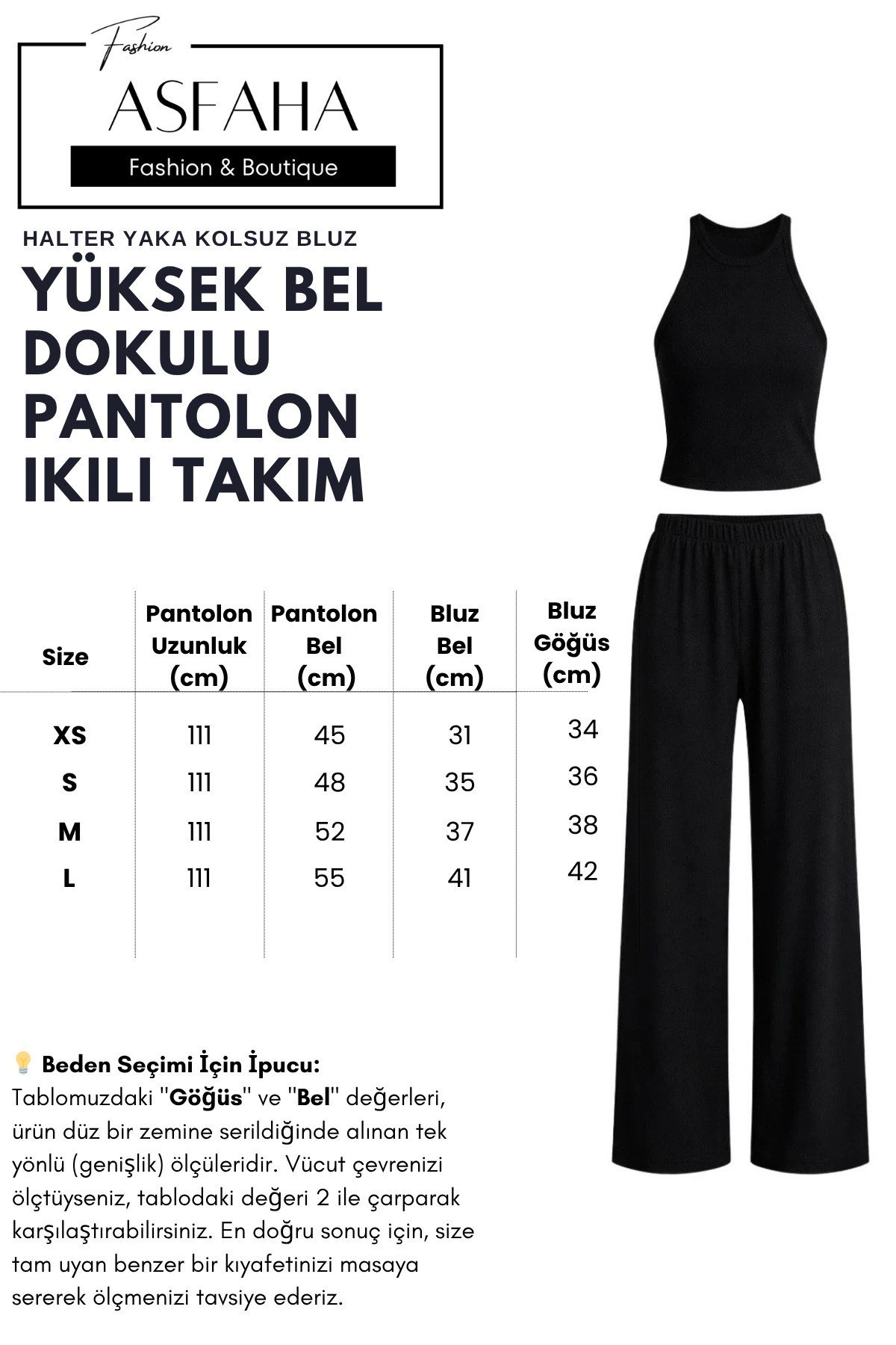 Kadın Siyah Halter Yaka Dokulu Beli Lastikli Pantolonlu İkili Takım