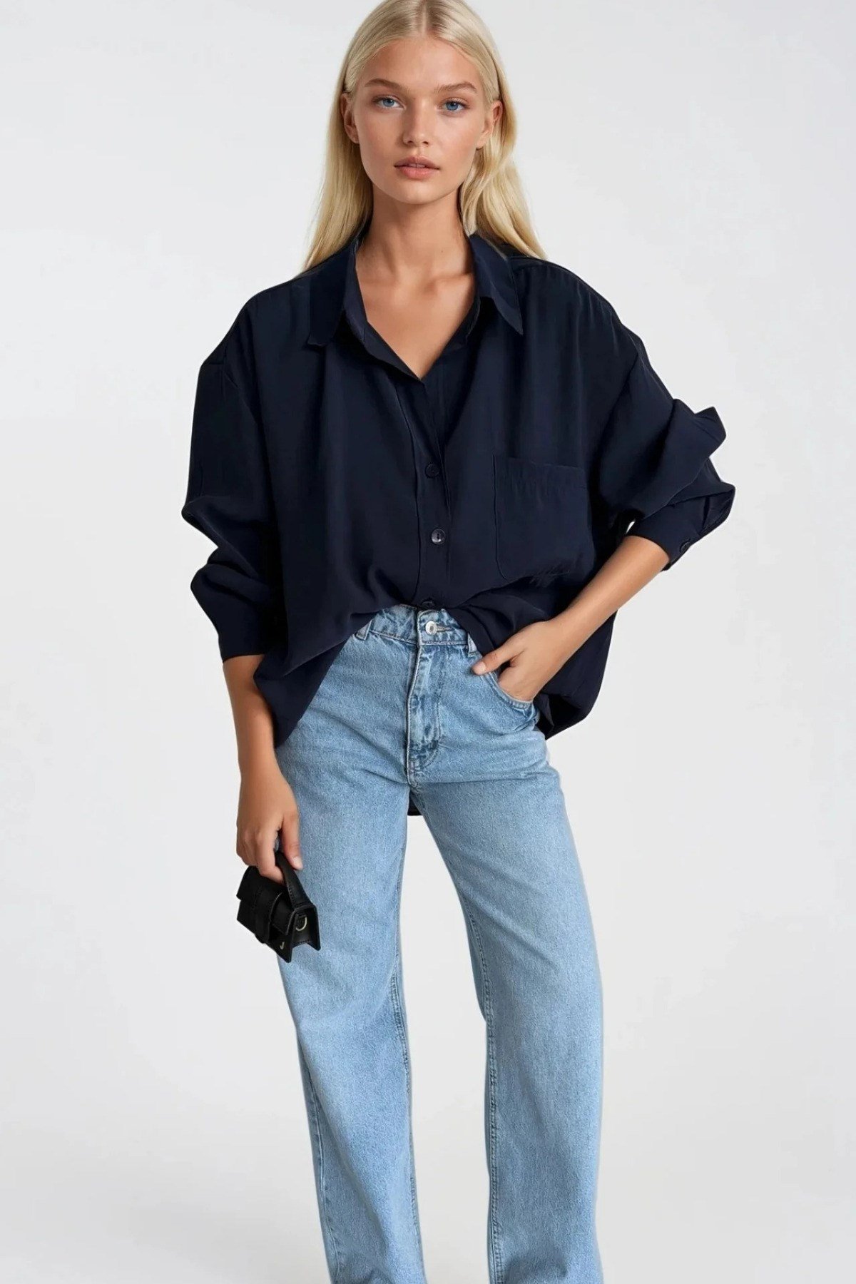 Kadın Tek Cepli Basic Oversize Dökümlü Gömlek