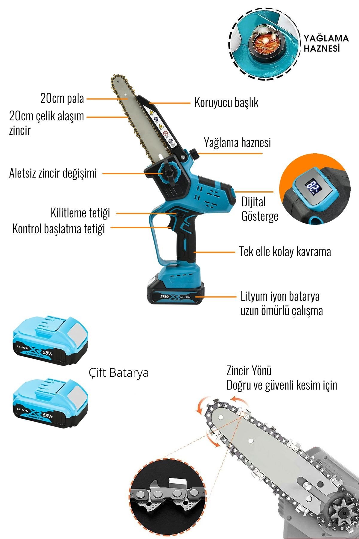 Akülü Yağlamalı Budama Testeresi 20 Cm Kılavuz
