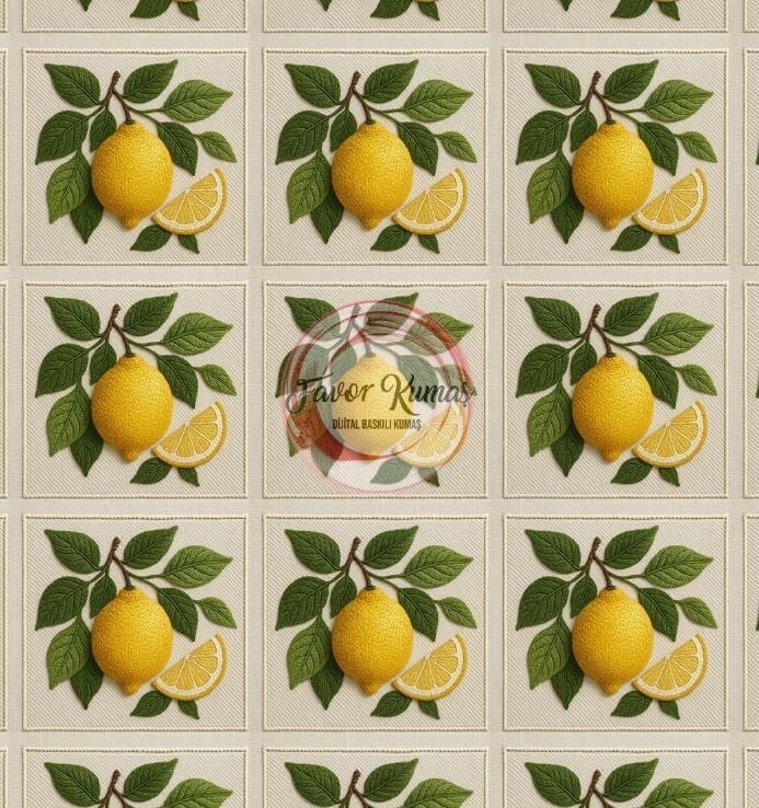 3D Çerçeveli Nakış Limon Desenli Kumaş