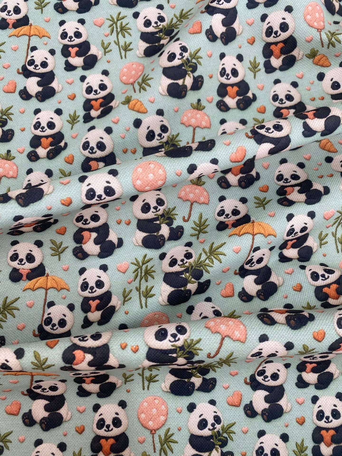 3D Mint Zeminli Panda Desenli Kumaş