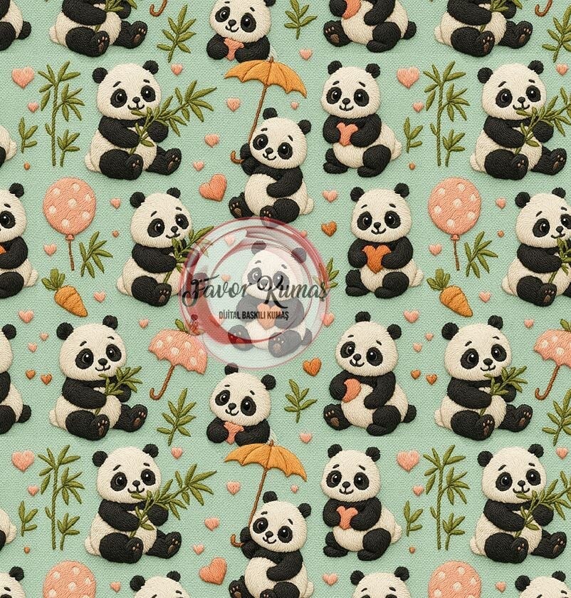3D Mint Zeminli Panda Desenli Kumaş