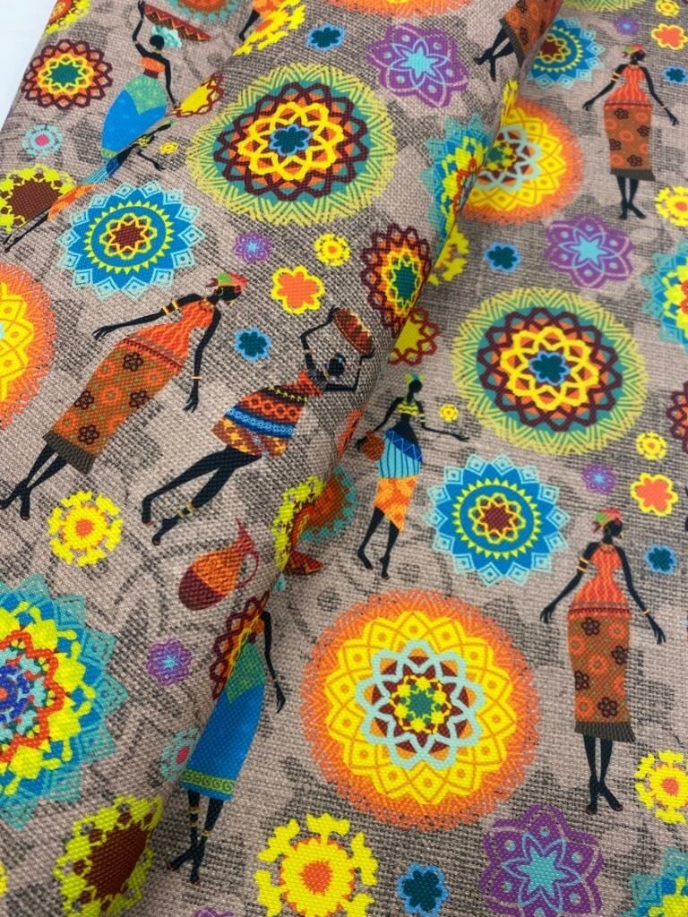 Afrikalı Kadın Desenli Keten Görünümlü Kumaş