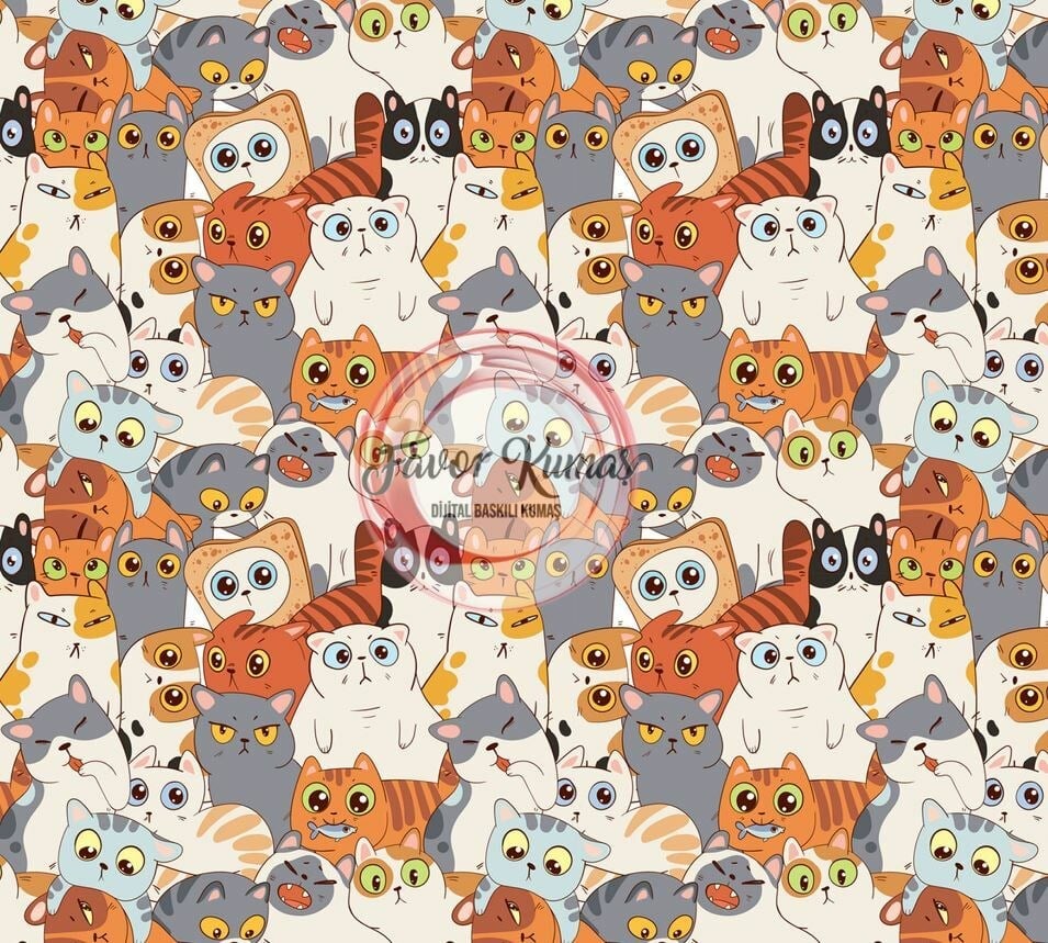 Kedi Desenli Döşemelik Kumaş