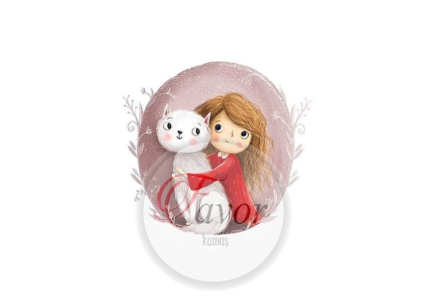 Kedi ve Kız Desenli Kumaş
