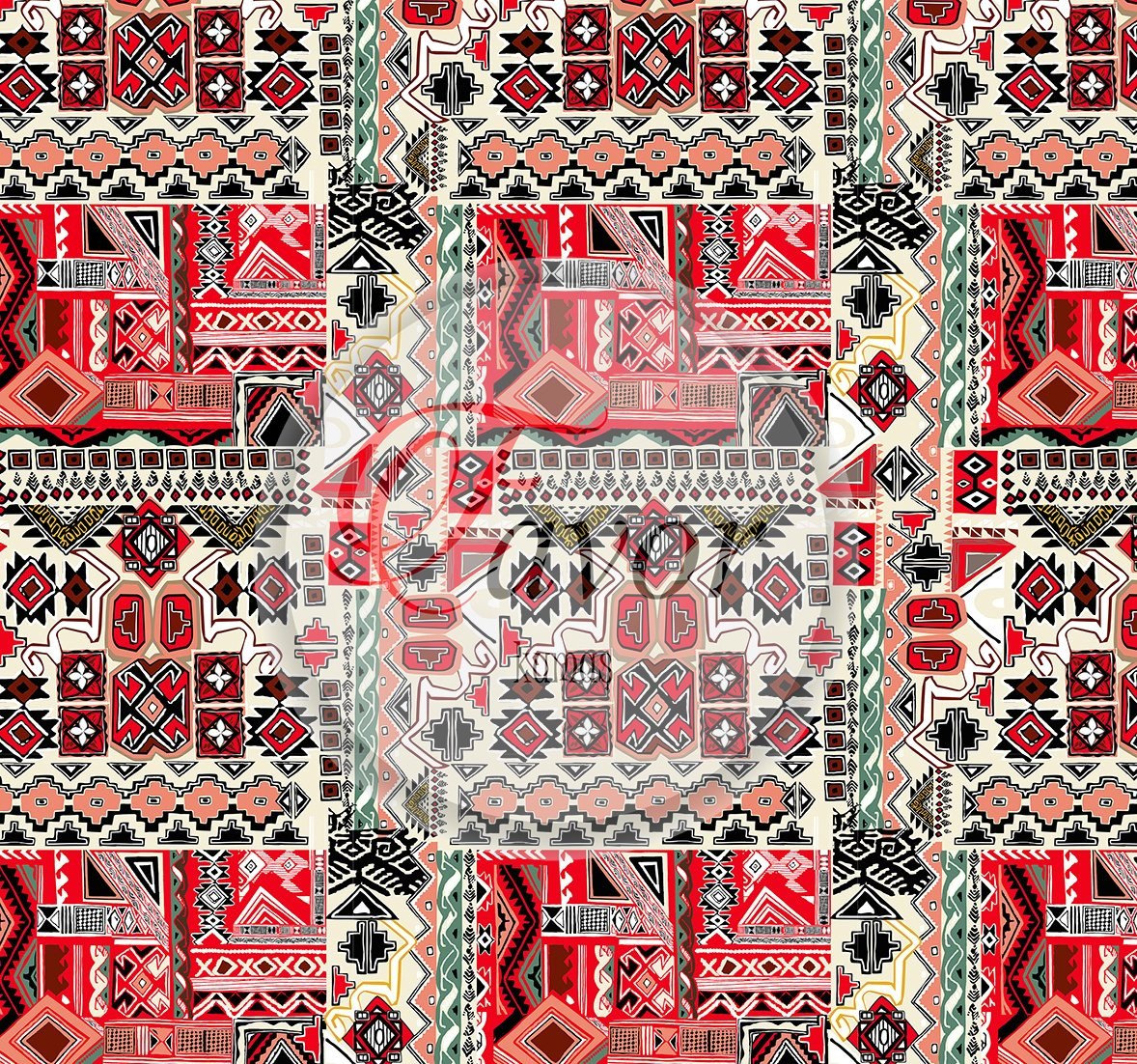 Kırmızı Tonlu Etnik Kilim Desenli Kumaş
