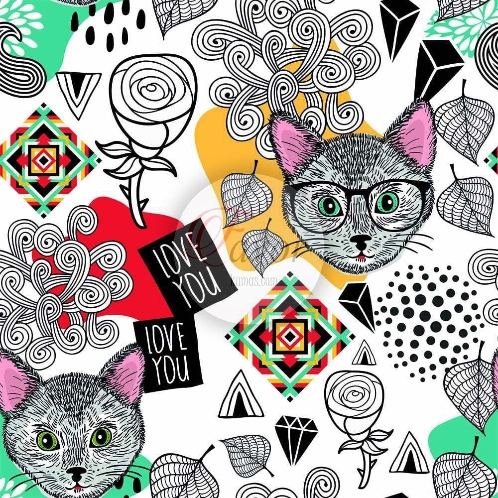 Love You Kedi Desenli Kumaş