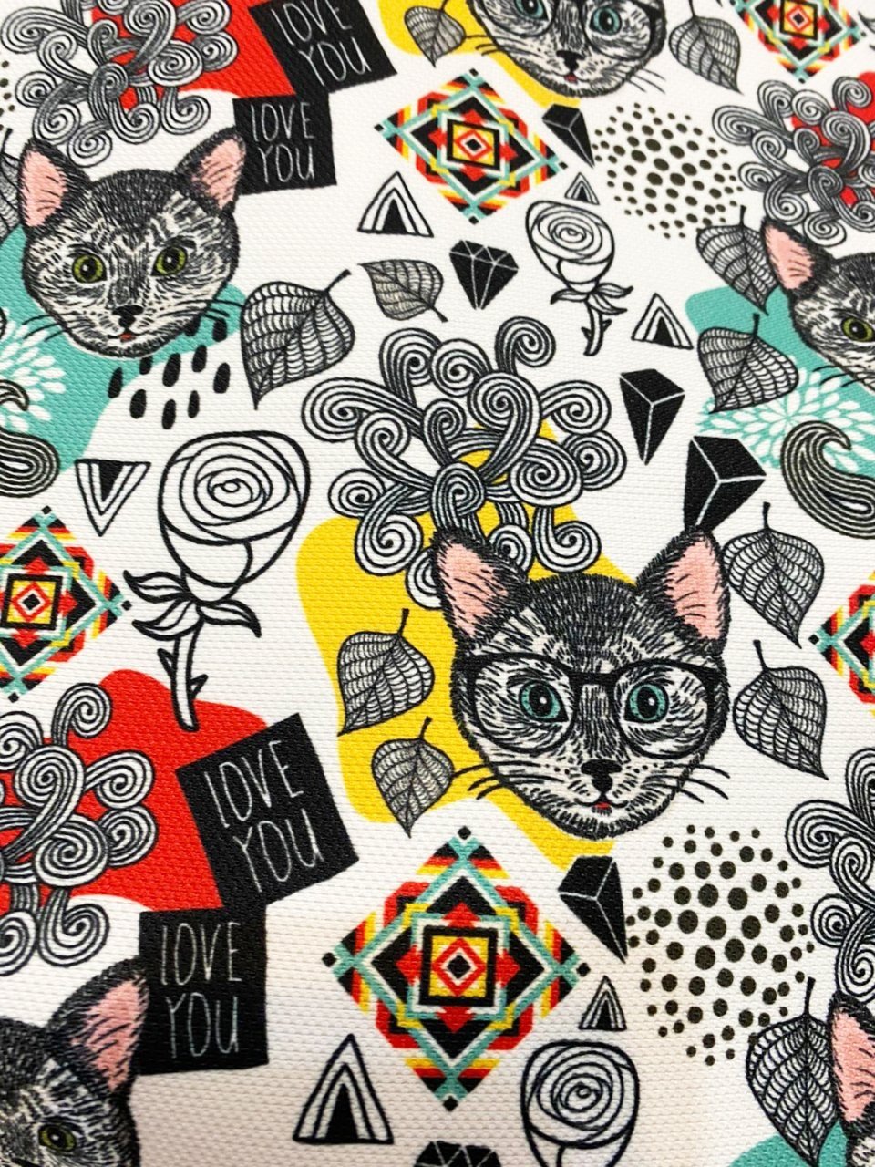 Love You Kedi Desenli Kumaş