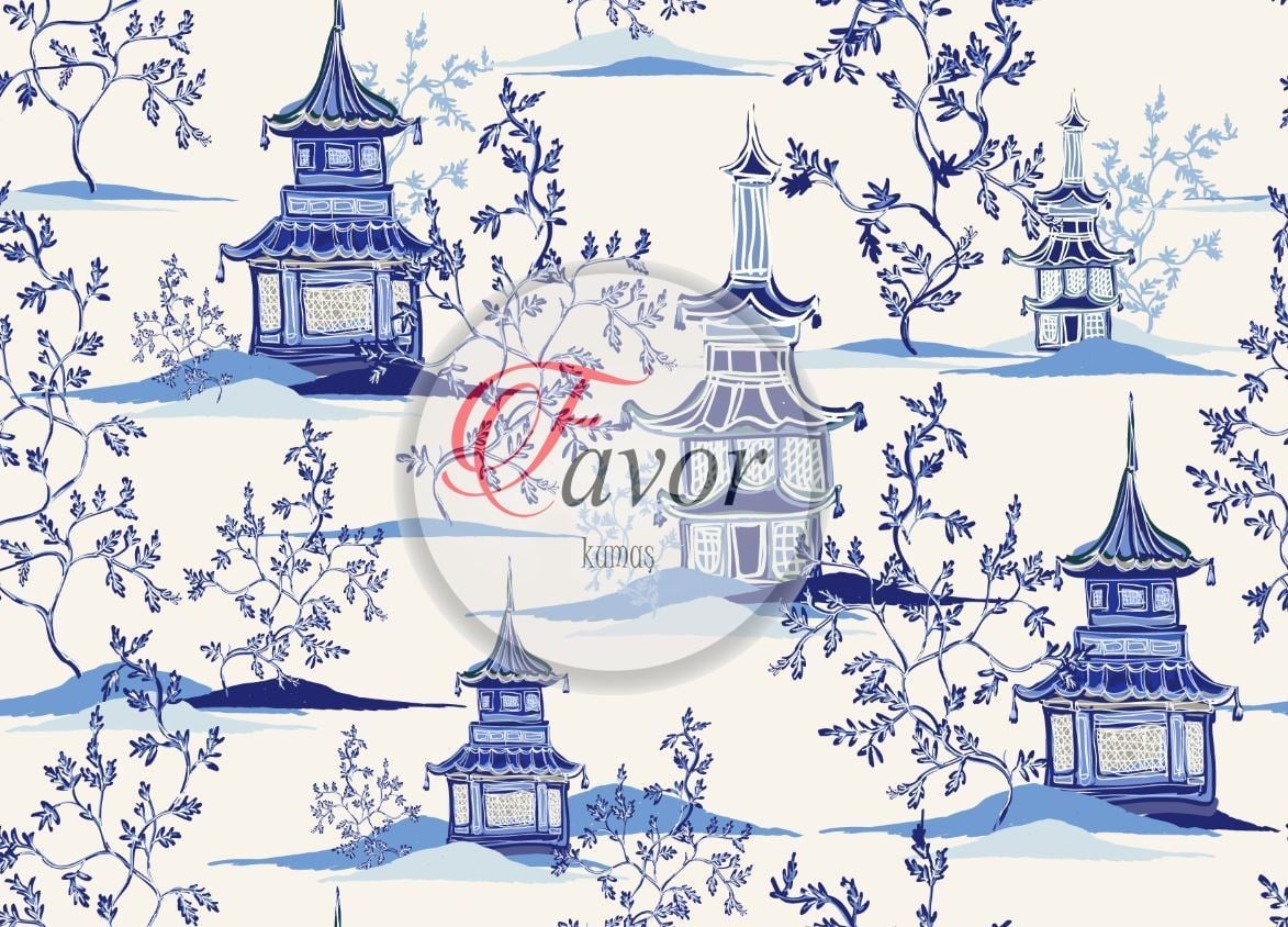 Mavi Japon Evi Desenli Kumaş