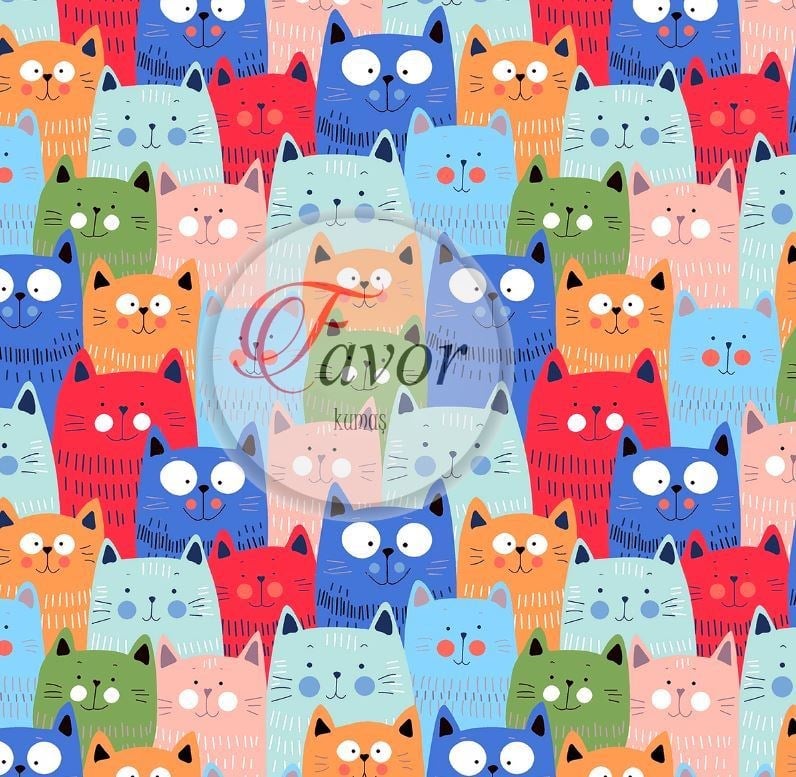 Mavi Tonlu Kedi Desenli Kumaş