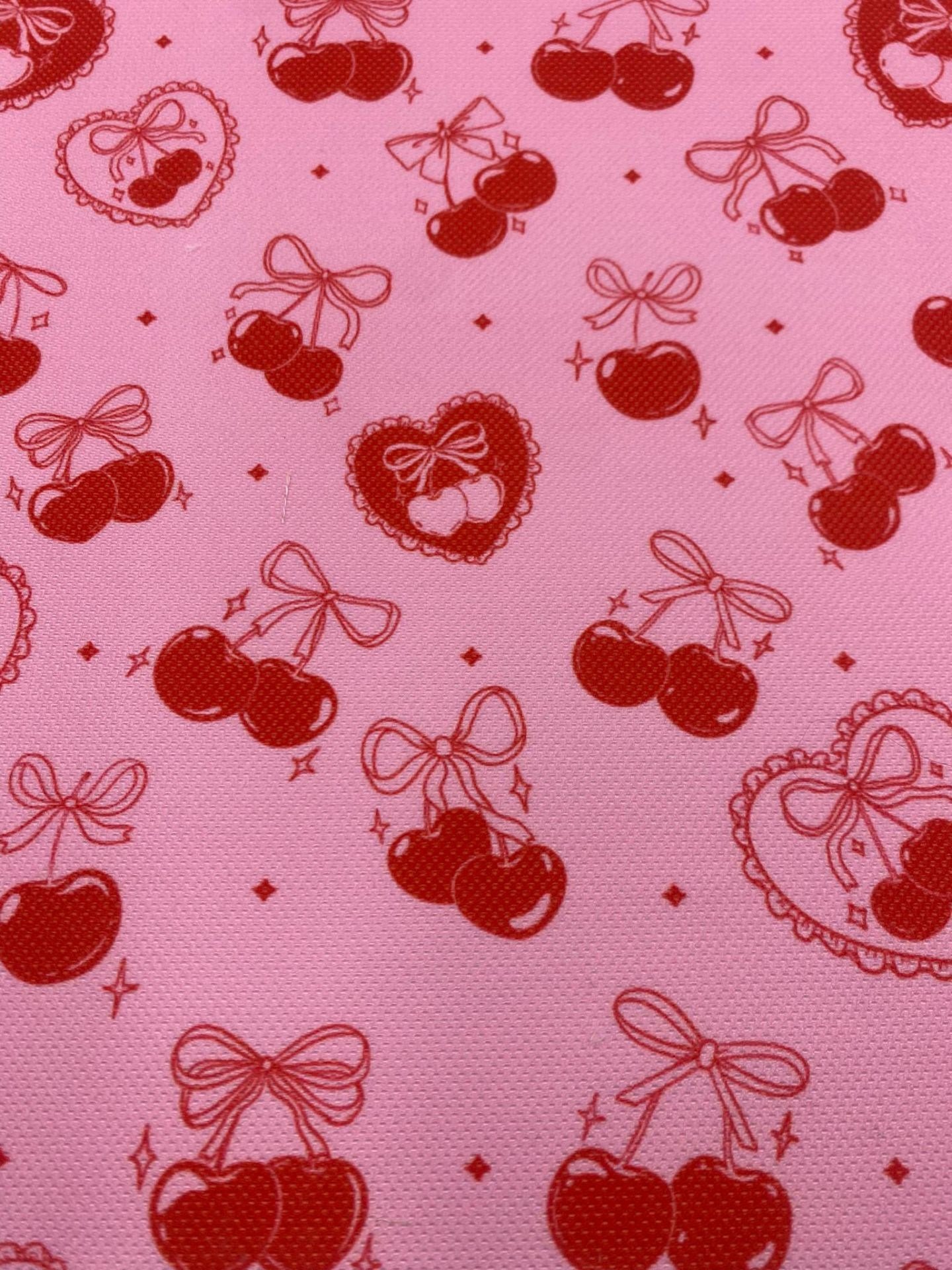 Pembe Kırmızı Kiraz Desenli Kumaş