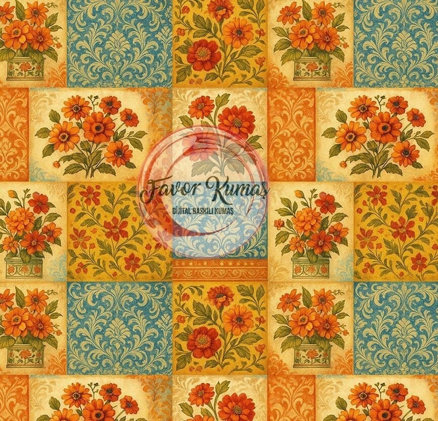 Retro Patchwork Desenli Kumaş