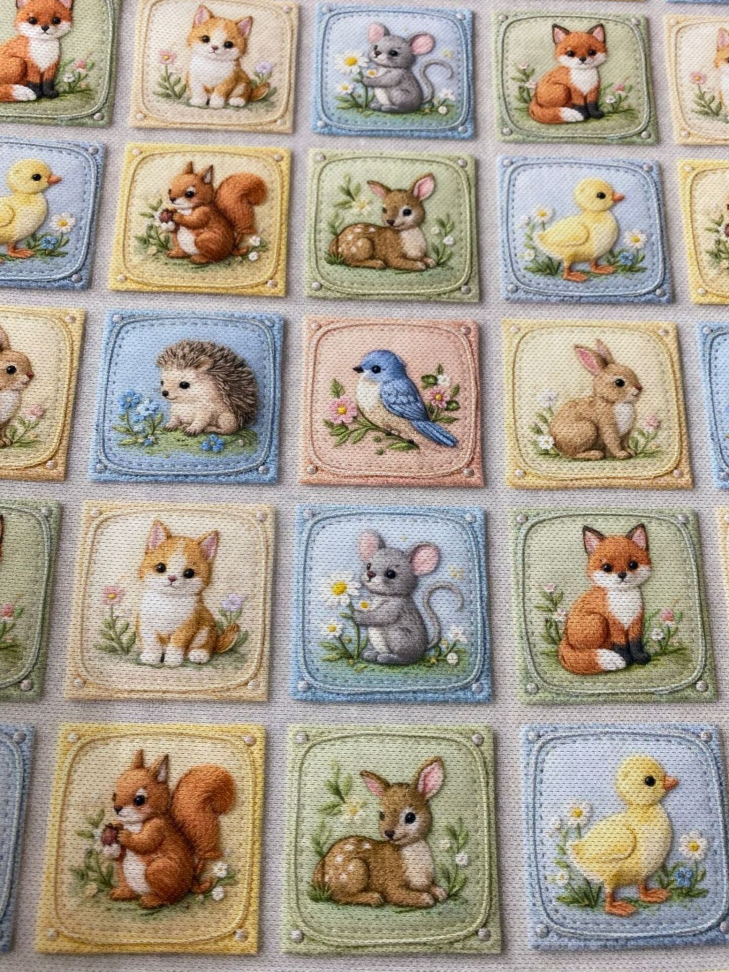 Sevimli Nakış Hayvanlı Kareler Desenli Kumaş