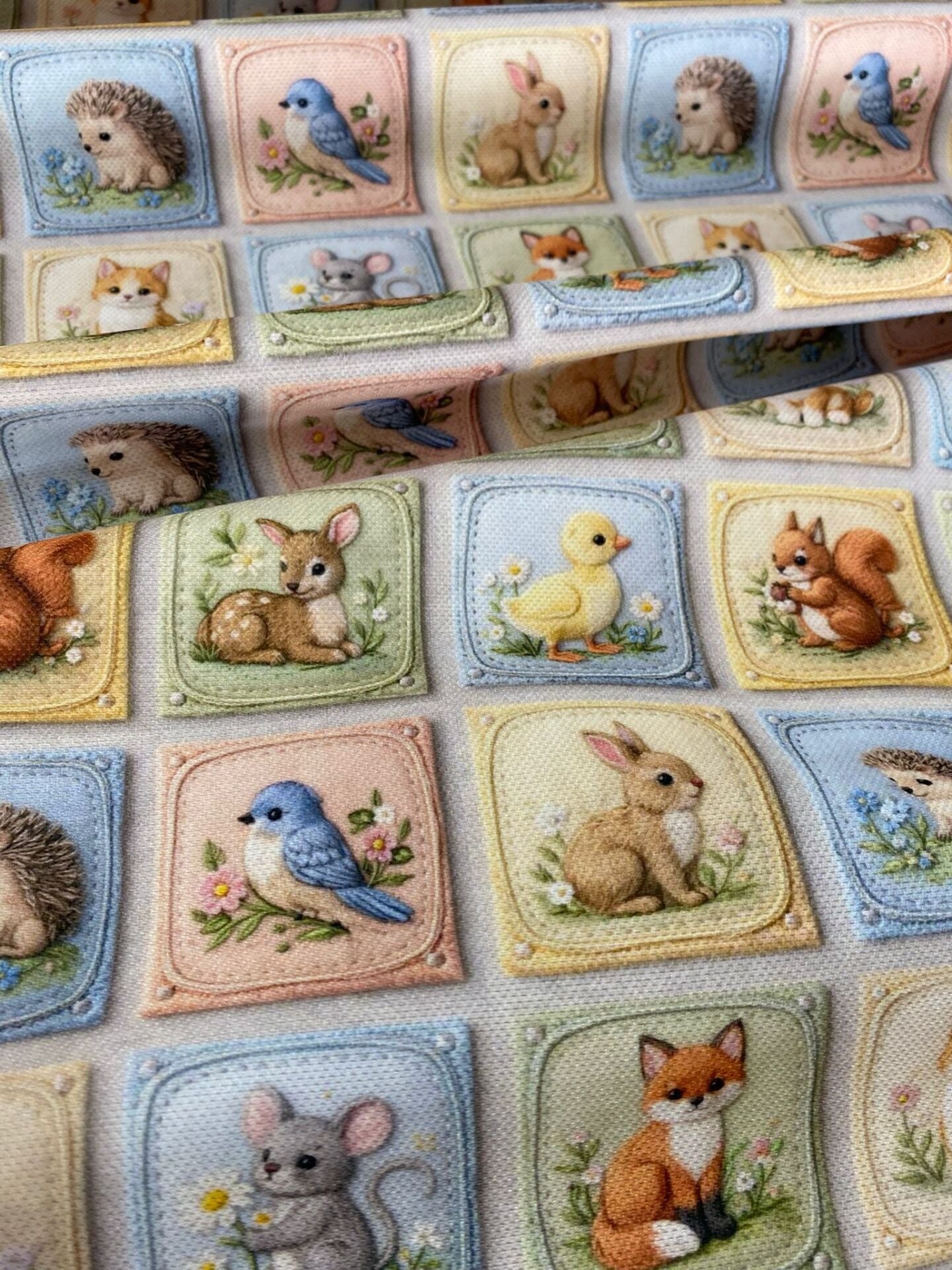 Sevimli Nakış Hayvanlı Kareler Desenli Kumaş
