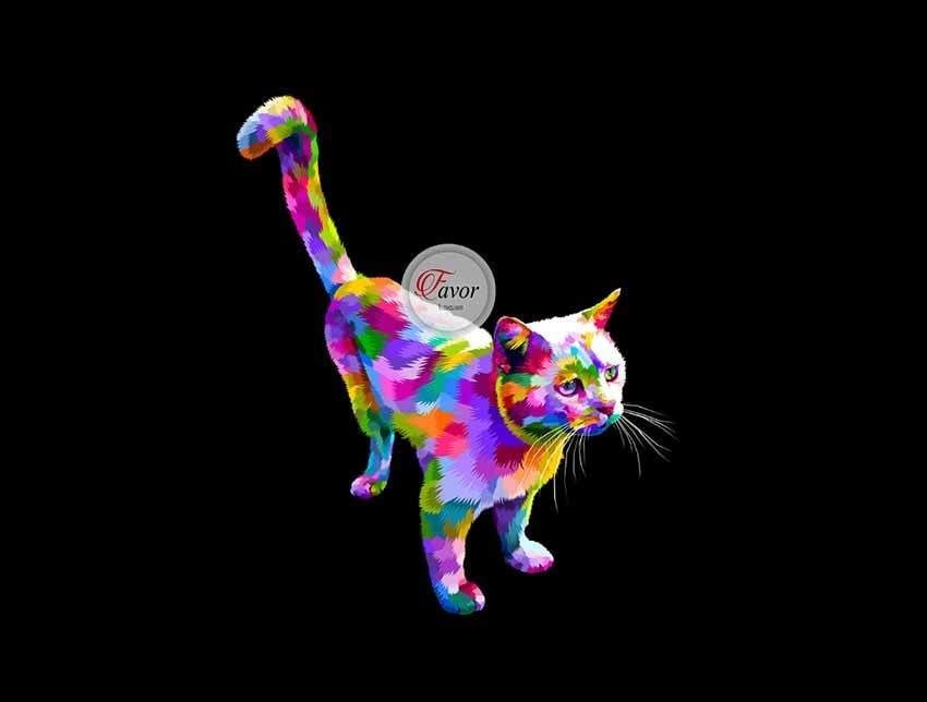 Siyah Zemin Renkli Kedi Baskılı Kumaş
