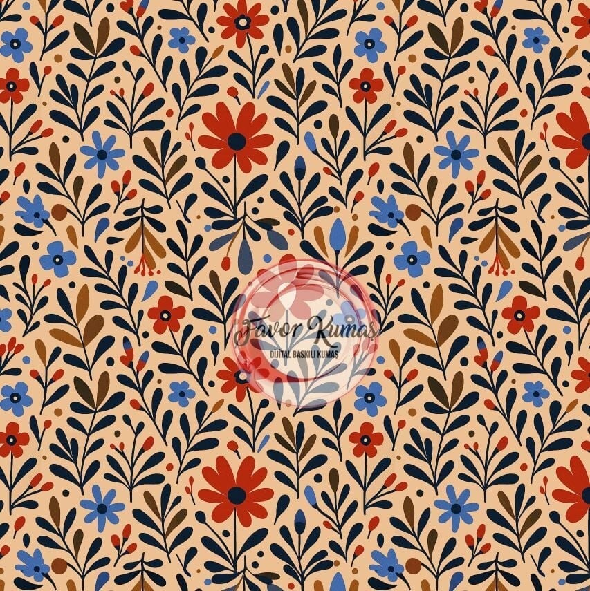 Vintage Temalı Geometrik Çiçekler  Desenli Kumaş