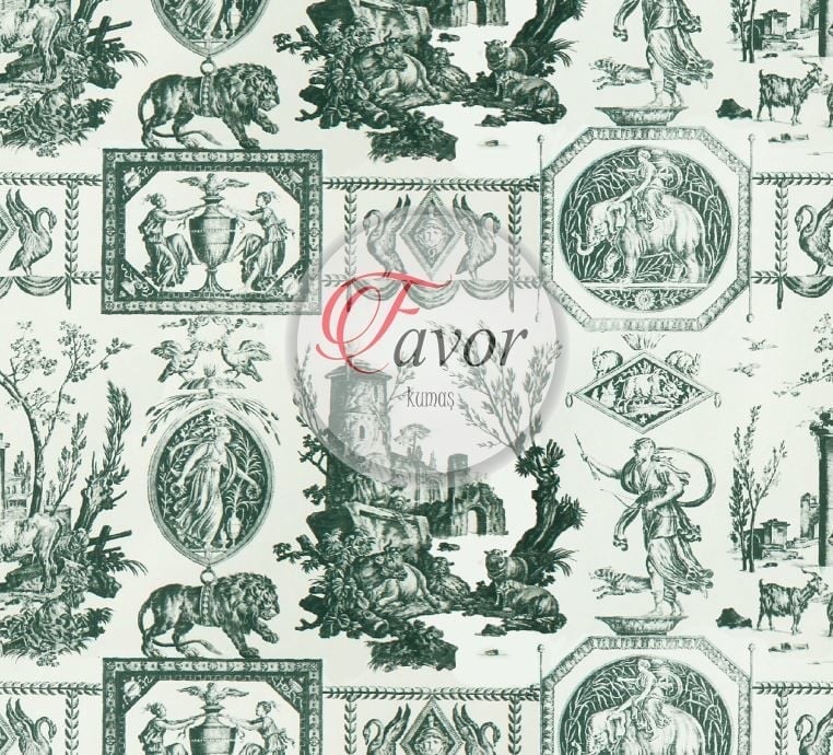 Yeşil Toile de Jouy Desenli Kumaş