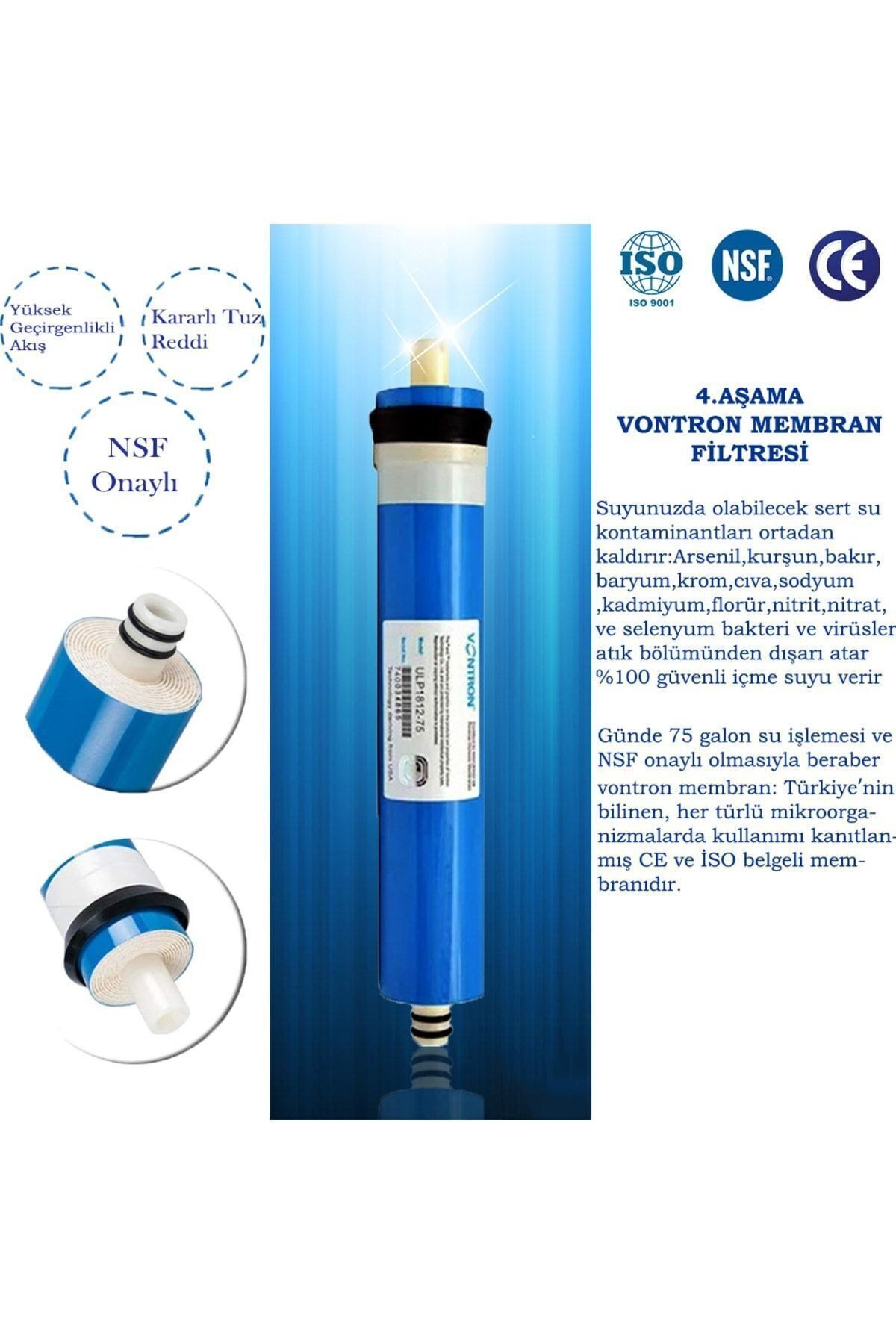 80 Gpd Nsf Onaylı Vontron Membran Su Arıtma Cihazı Filtresi ( Ana Filtre ) 10 Adet