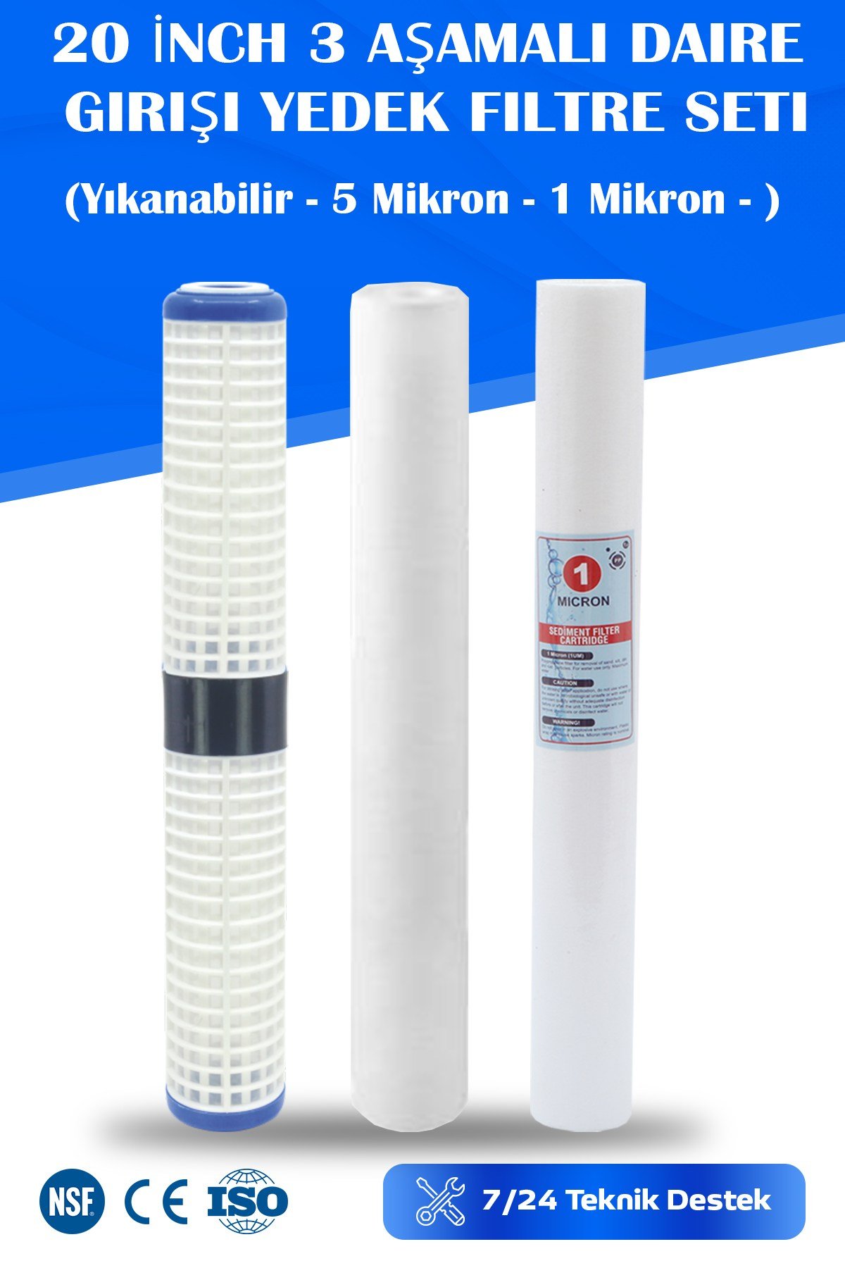 Daire-bina Girişi Uyumlu 20'' Inch 3 Aşama Yedek Filtre Seti (YIKAMALI-1 MİKRON-5 MİKRON)