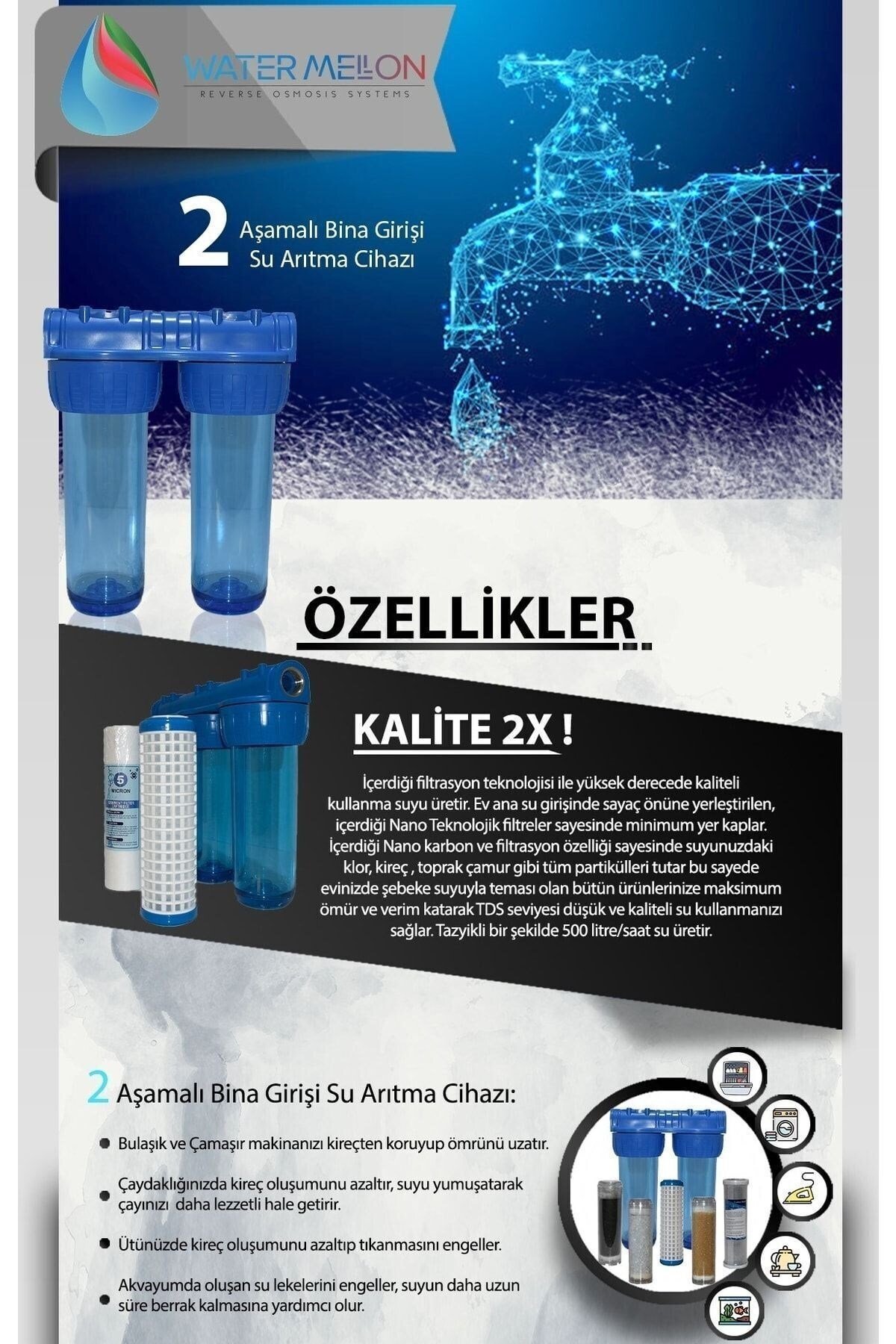 Daire Girişi 2 Aşamalı Su Arıtma Cihazı - Pas, Toz, Tortu ve Koku Önleyici