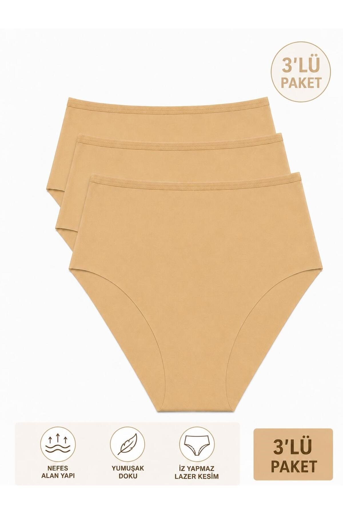 Kadın (Beli Lastikli) 3'lü Dikişsiz Lazer Kesim Iz Yapmaz Likralı Yüksek Bel Bikini Slip Külot Premium Esnek ve Yumuşak