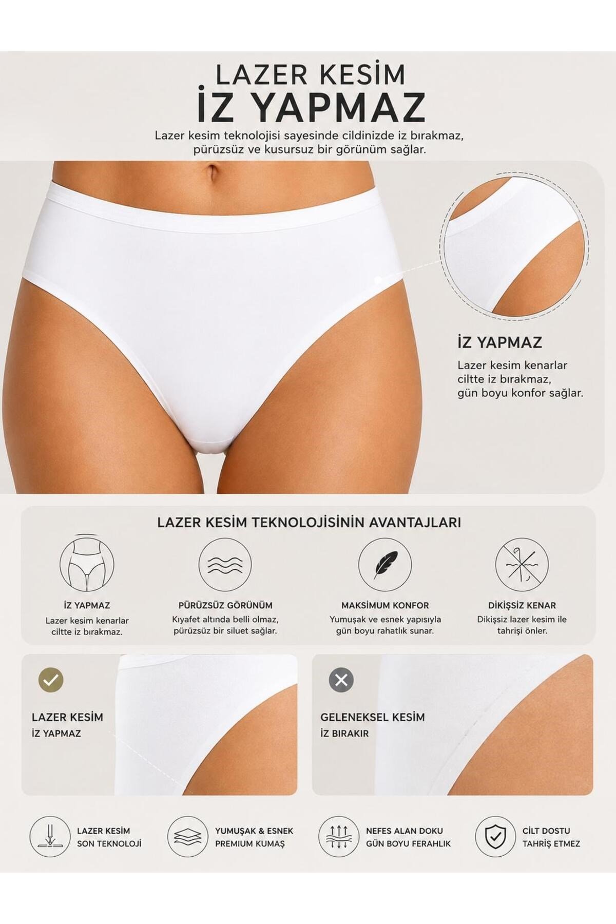 Kadın (Beli Lastikli) 6'lı Dikişsiz Lazer Kesim Iz Yapmaz Likralı Bikini Slip Külot Premium Esnek ve Yumuşak