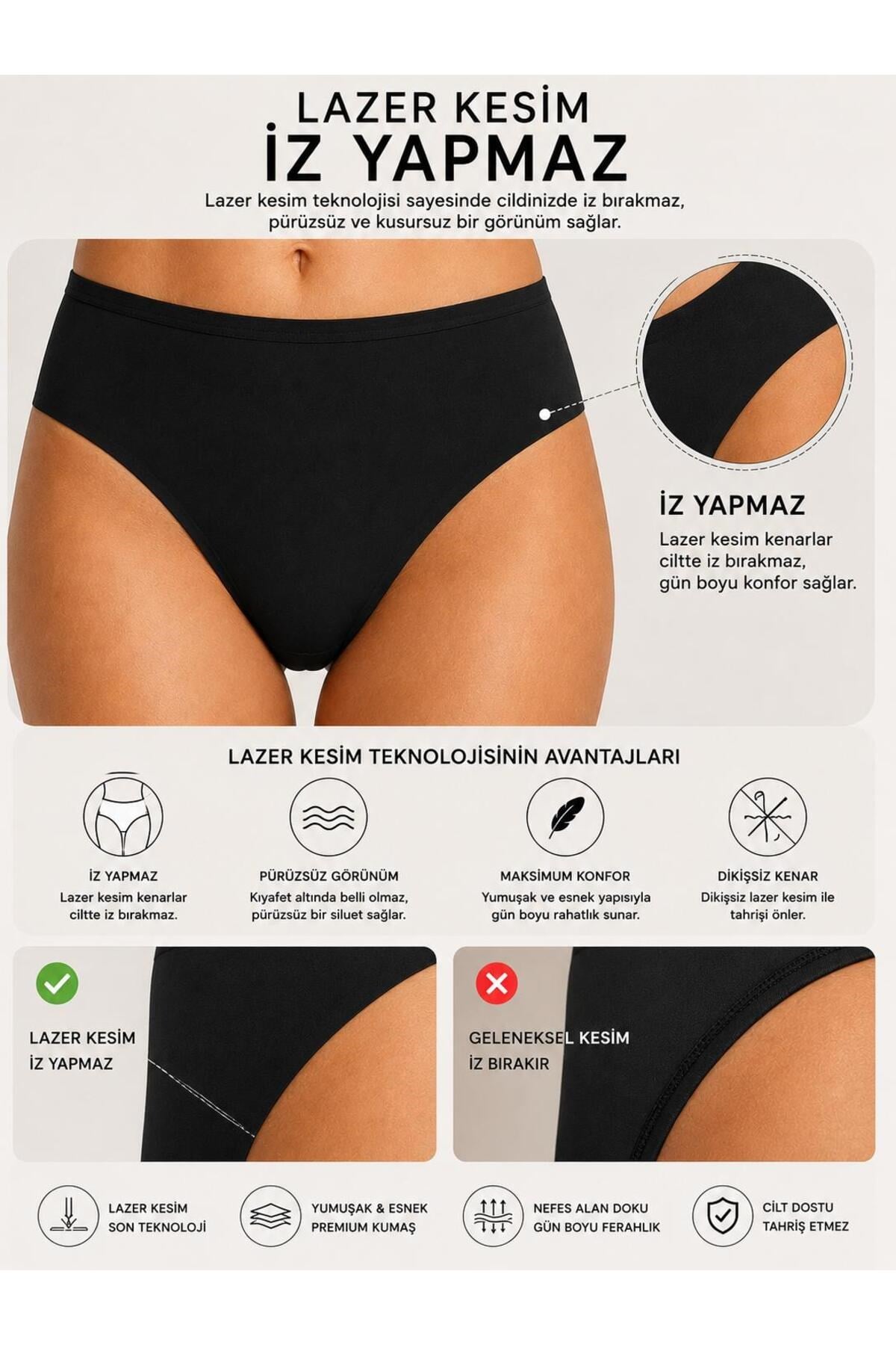 Kadın (Beli Lastikli) 6'lı Dikişsiz Lazer Kesim Iz Yapmaz Likralı Bikini Slip Külot Premium Esnek ve Yumuşak