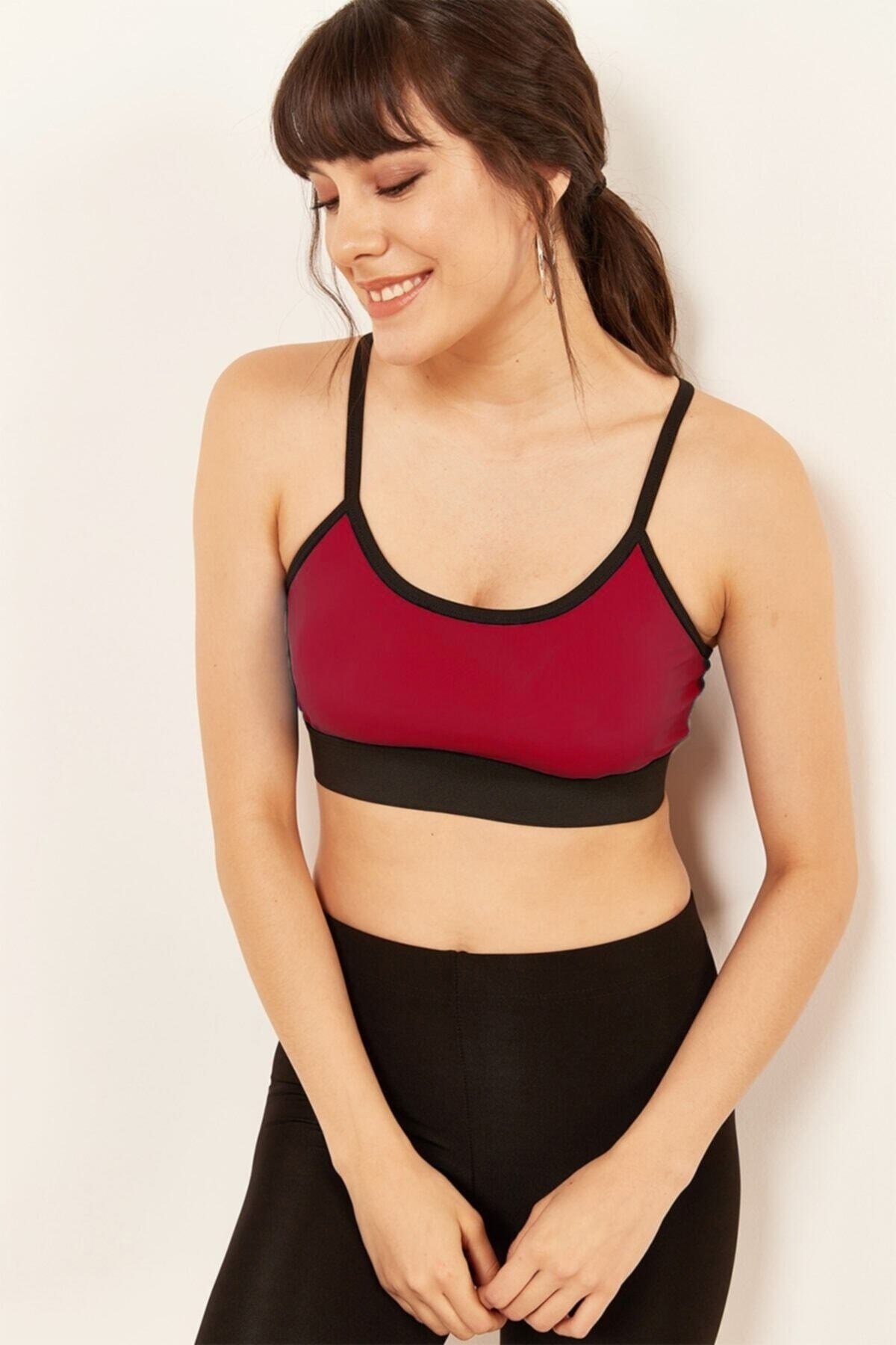 Kadın Bordo Çapraz Ince Ip Askılı Destekli Spor Sütyeni