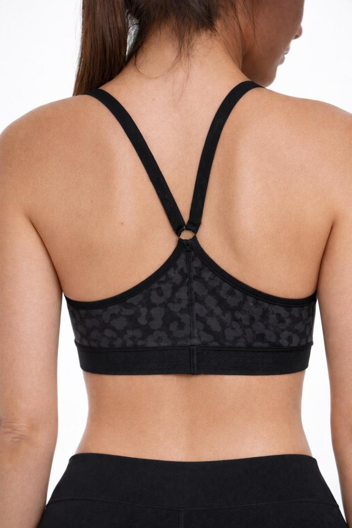 Kadın Siyah Leopar Desen Çapraz Ince Ip Askılı Destekli Spor Sütyeni