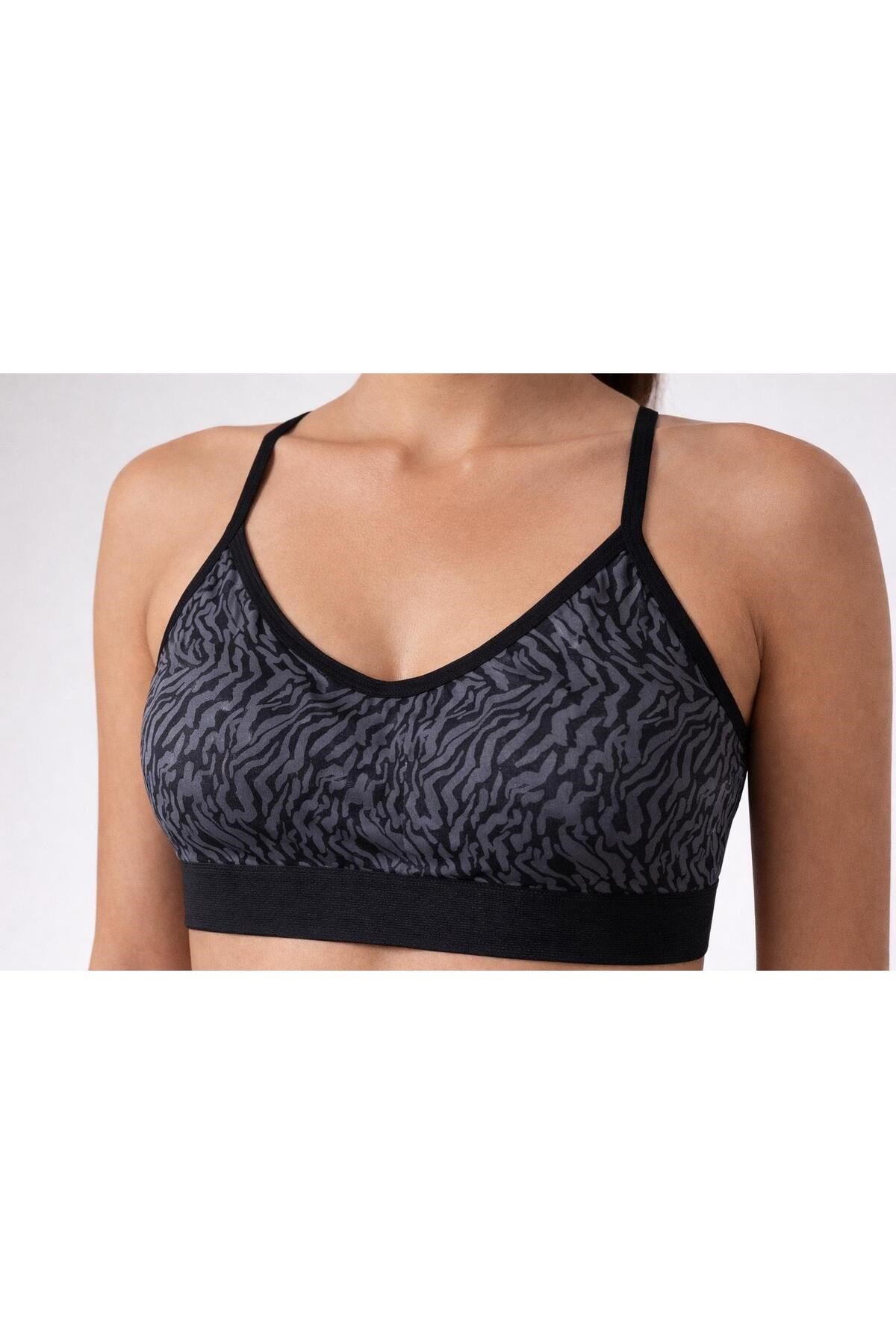 Kadın Siyah Zebra Desen Çapraz Ince Ip Askılı Destekli Spor Sütyeni