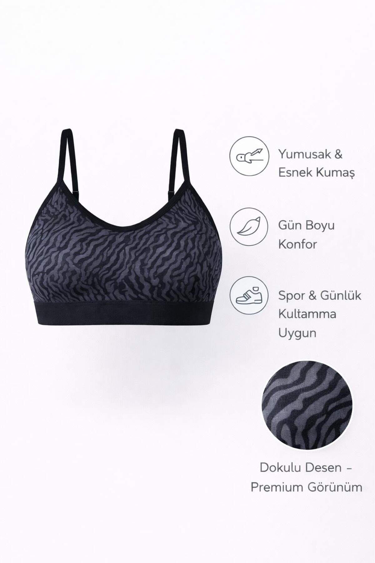 Kadın Siyah Zebra Desen Çapraz Ince Ip Askılı Destekli Spor Sütyeni