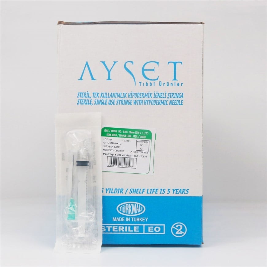 Ayset 2 CC 3 Parça (CONTALI) Uzun ve Yeşil Uçlu Enjektör 300'lü Paket