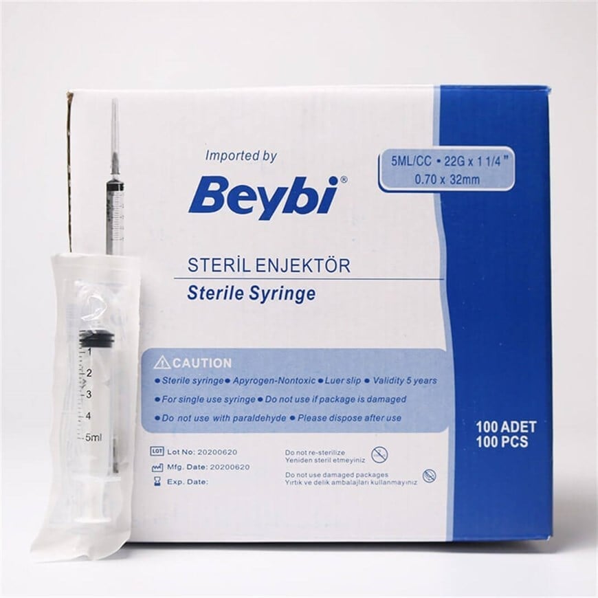 Beybi 5 CC 3 Parça (Contalı) Uzun ve Siyah Uçlu Enjektör 100'lü Paket
