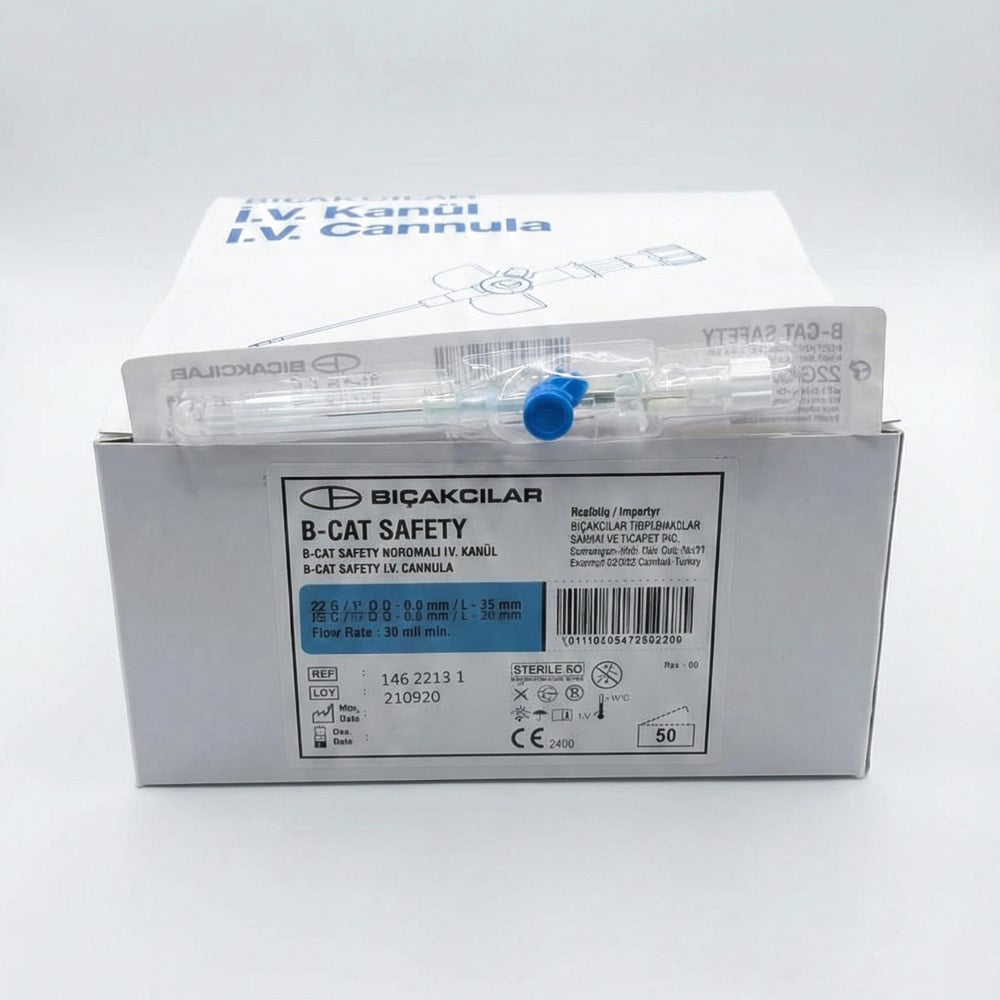 Bıçakcılar Branül (İntraket) Mavi (22G) 50'li Paket (Korumalı)