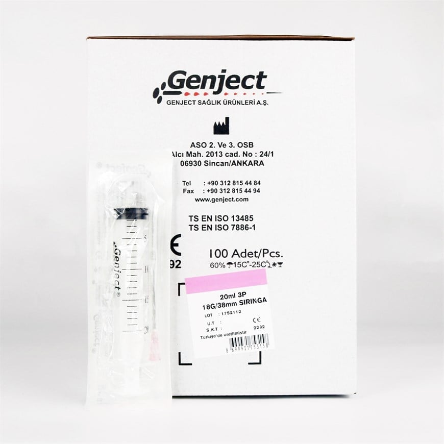 Genject 20 CC 3 Parça (Contalı) Pembe Uçlu Enjektör 100'lü Paket