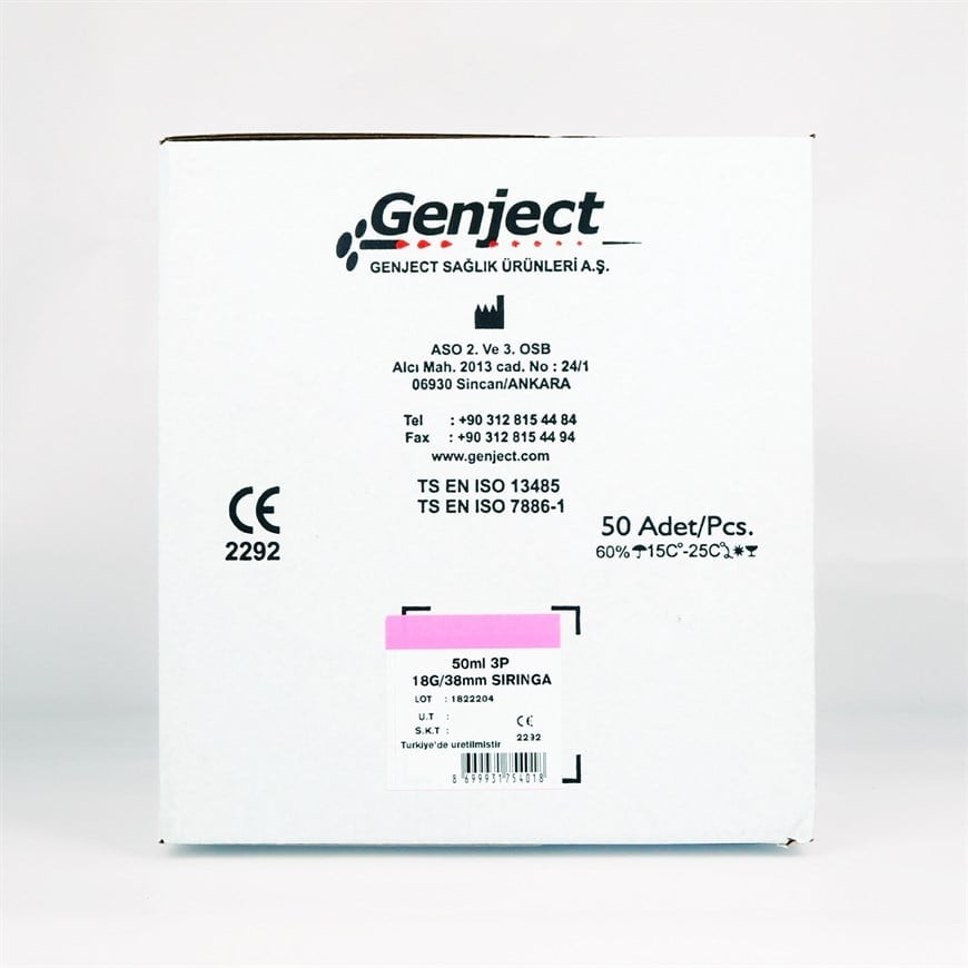 Genject 50 CC 3 Parça (CONTALI) Pembe Enjektör 50'li Paket