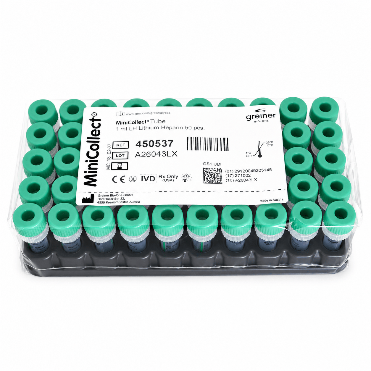 Greiner Lityum Heparinli Tüp 0,5 ML (Pediatrik) (Yeşil Kapak) 50'li Paket