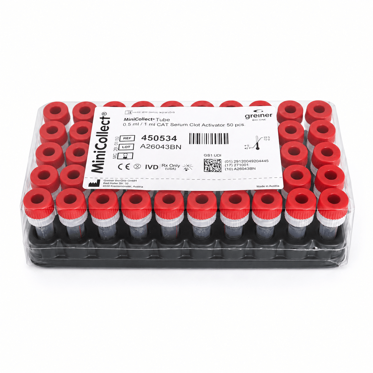 Greiner Vakumlu Boş Tüp 0,5 ML - 1 ML (Kırmızı Kapak) Pıhtı Aktivatörlü 50'li Paket