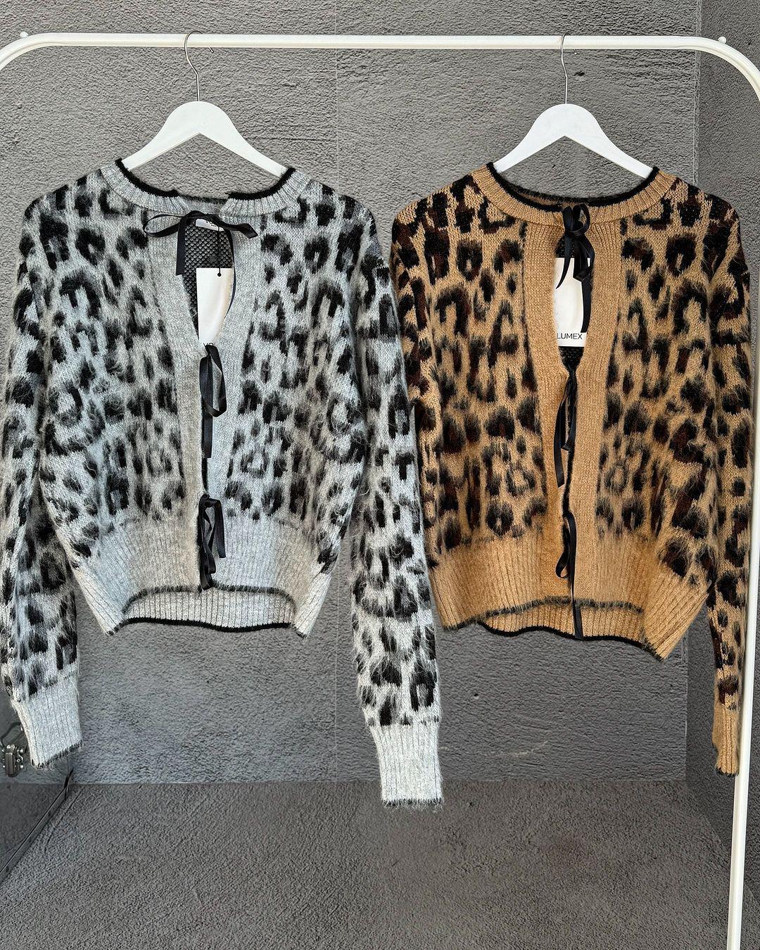 Gri Leopar Desenli Bağlamalı Kadın Hırka