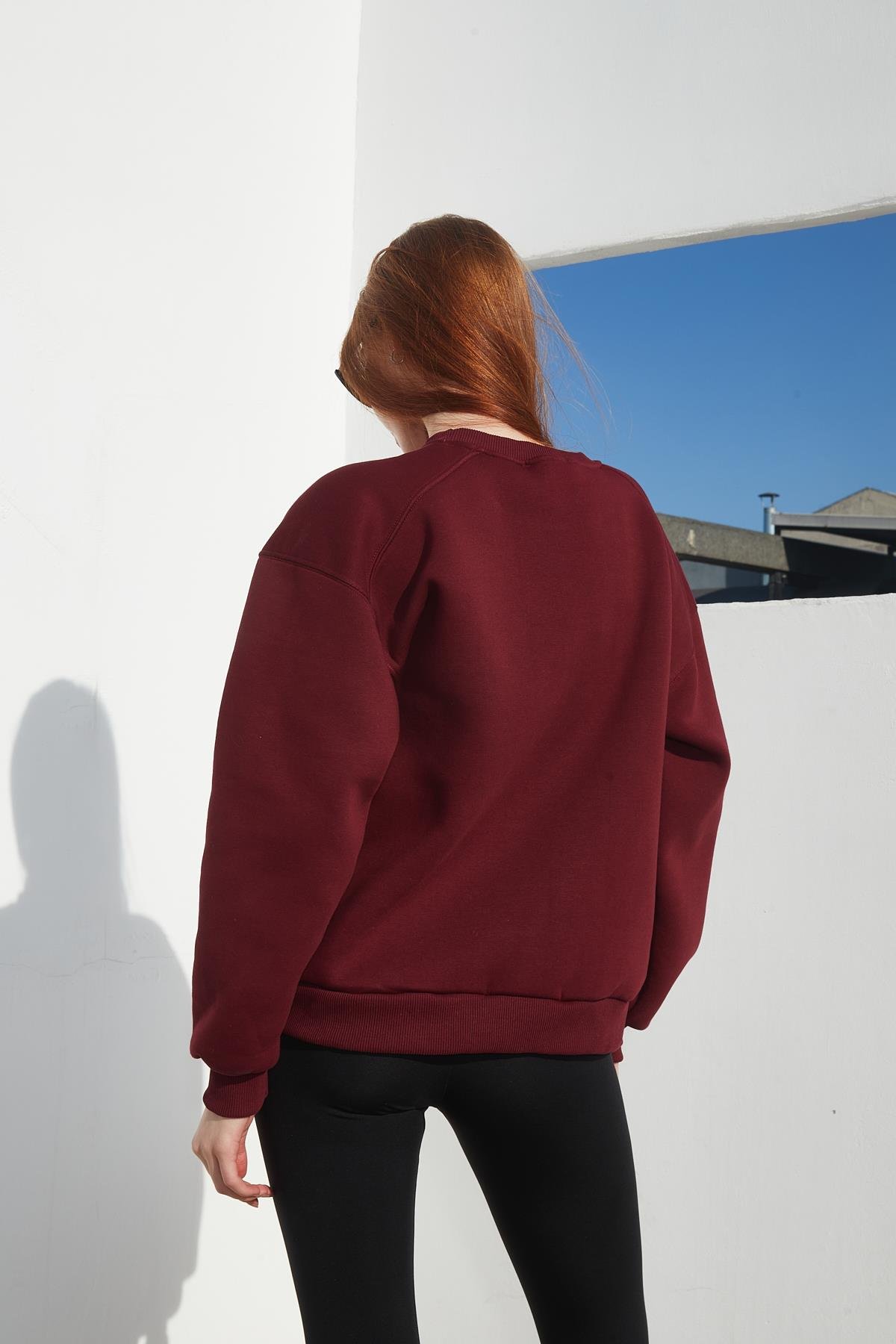 Bordo Renk Bisiklet Yaka Oversize Sweatshirt