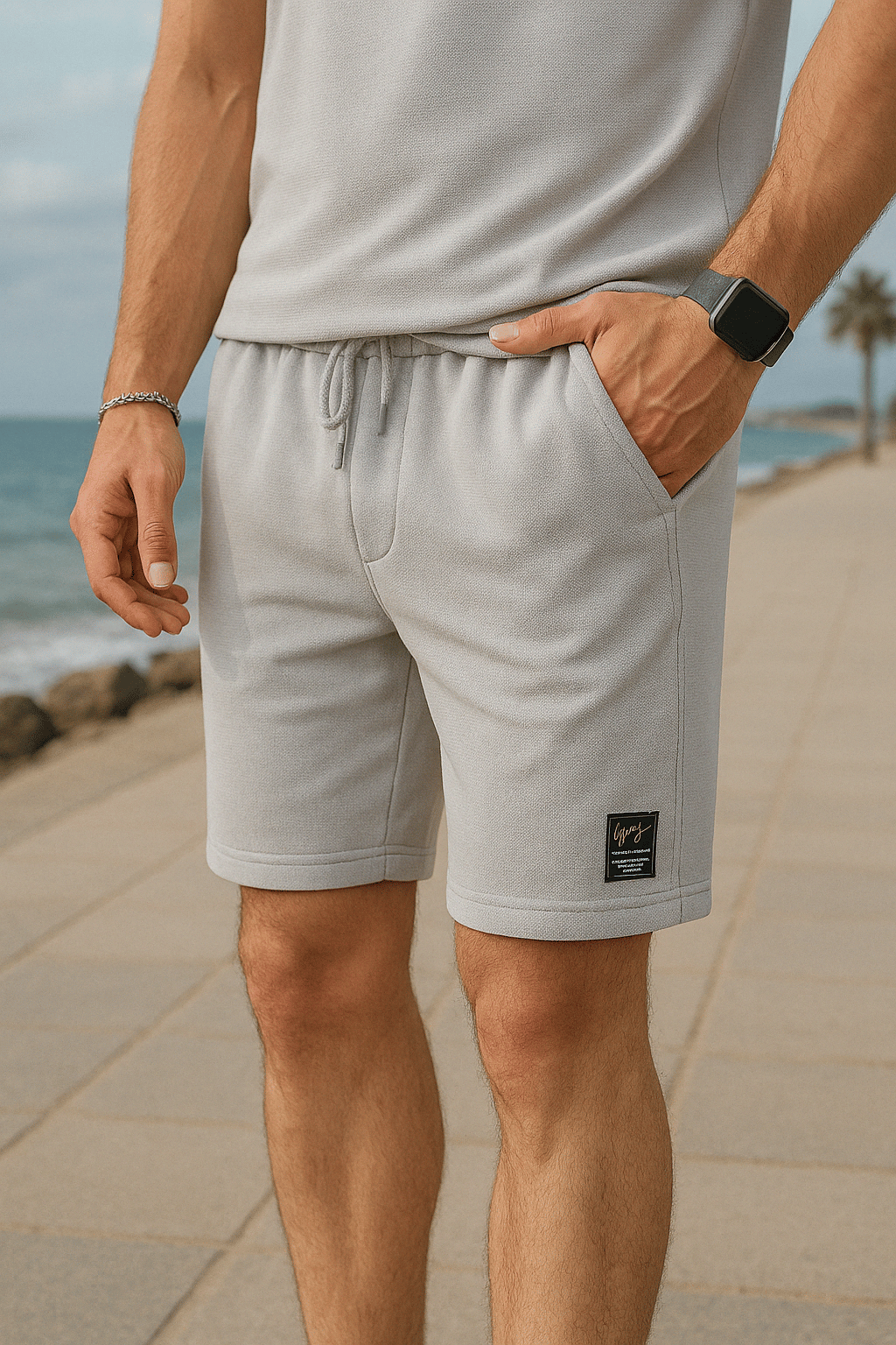 Oversize Krep Kumaş Gri Renk Şortlu Takım