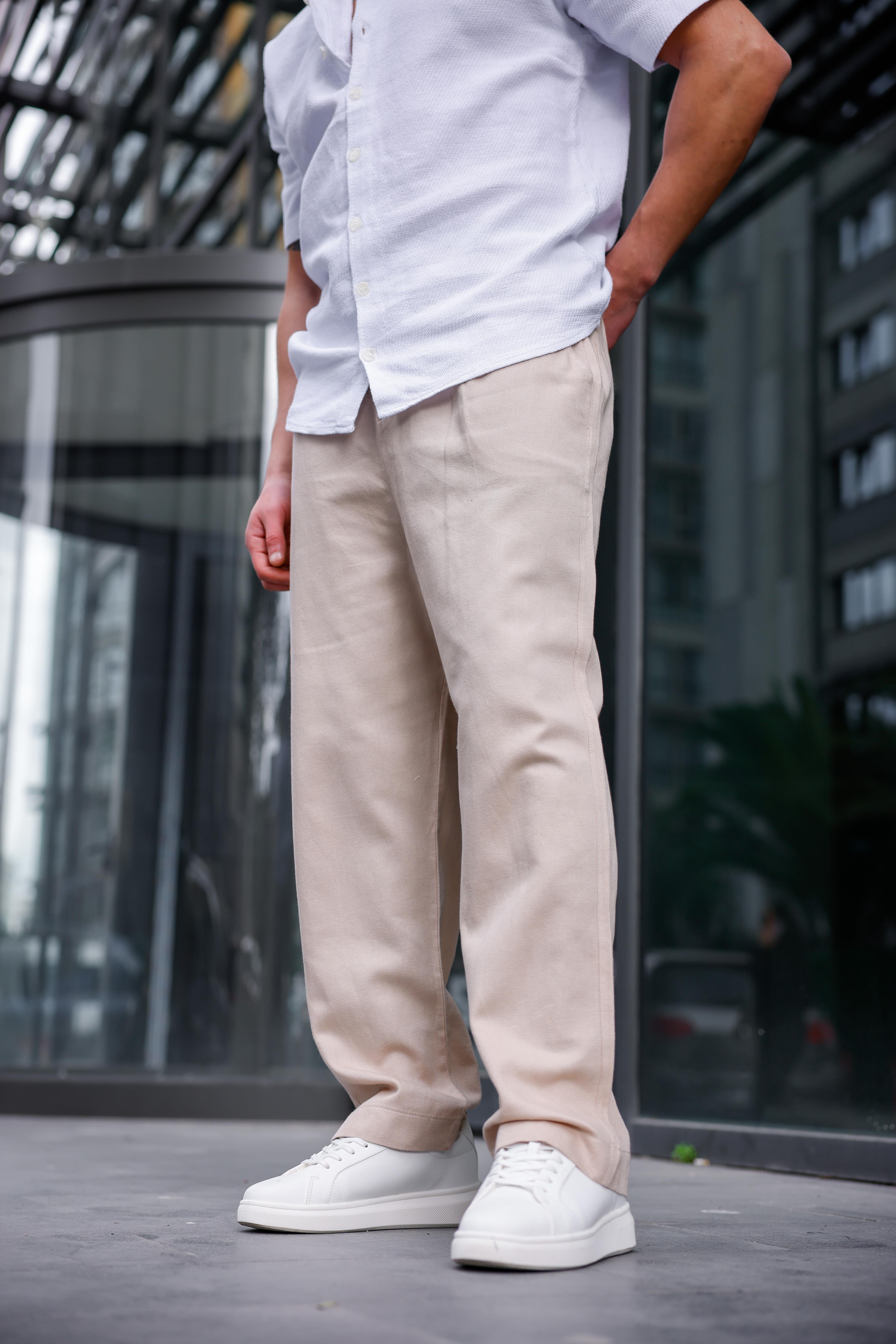 Keten Baggy Bej Renk Erkek Pantolon