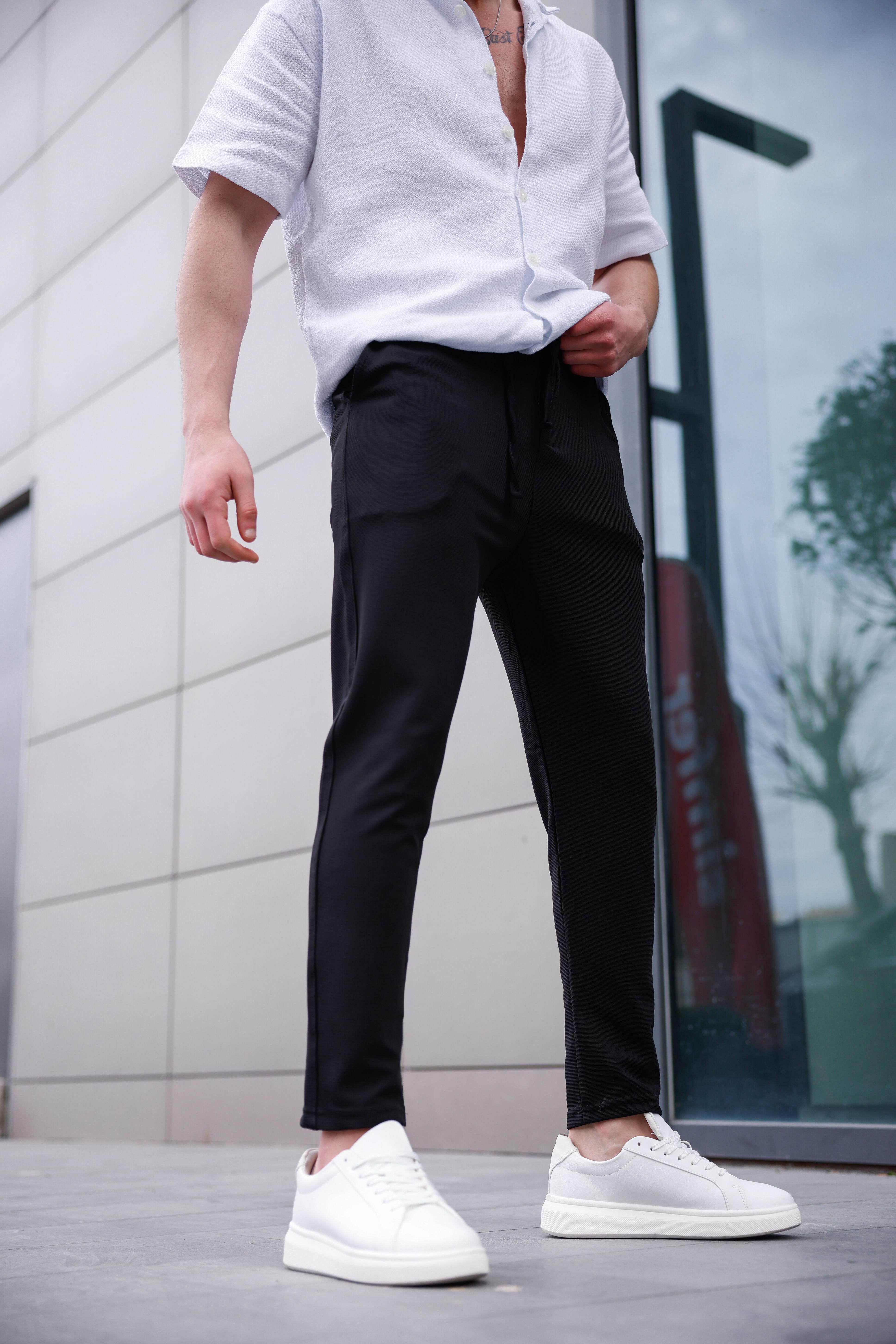 Erkek Siyah Renk Likralı Kumaş Jogger Pantolon