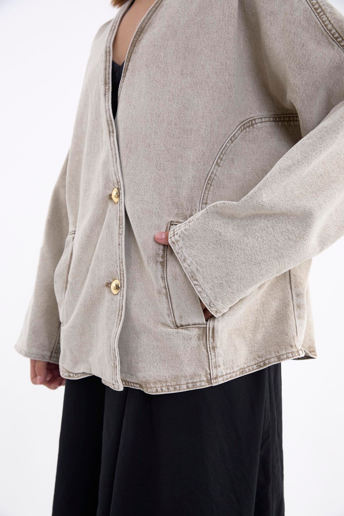Taş Renk Eskitme Oversize Kadın Kot Ceket