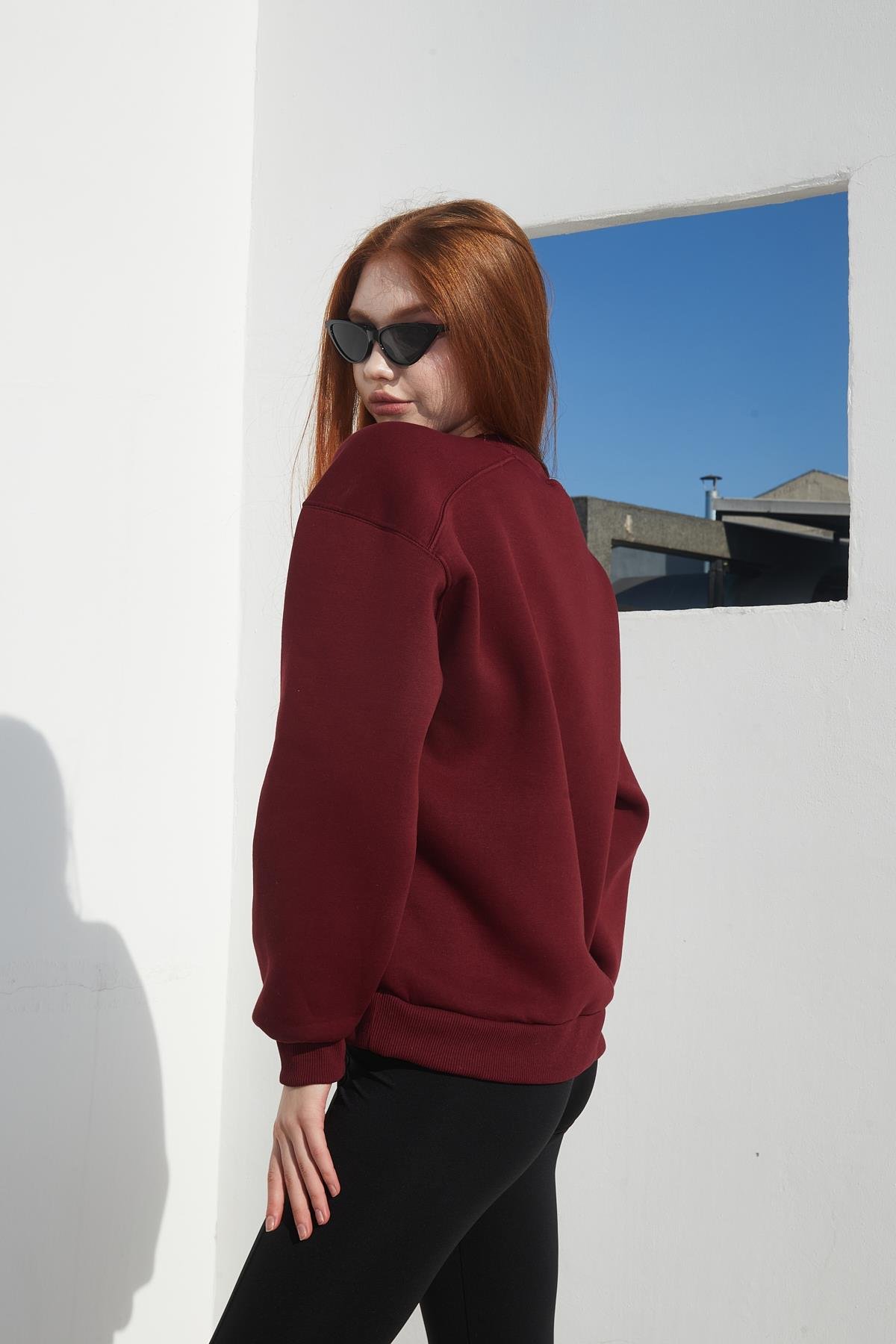 Bordo Renk Bisiklet Yaka Oversize Sweatshirt