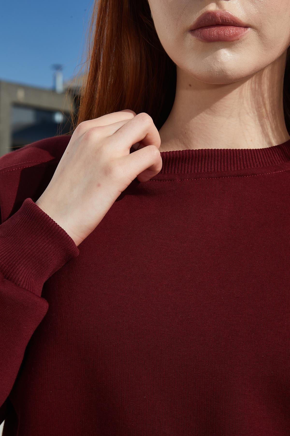 Bordo Renk Bisiklet Yaka Oversize Sweatshirt