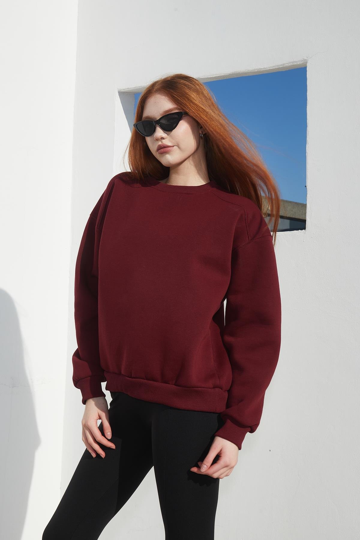 Bordo Renk Bisiklet Yaka Oversize Sweatshirt