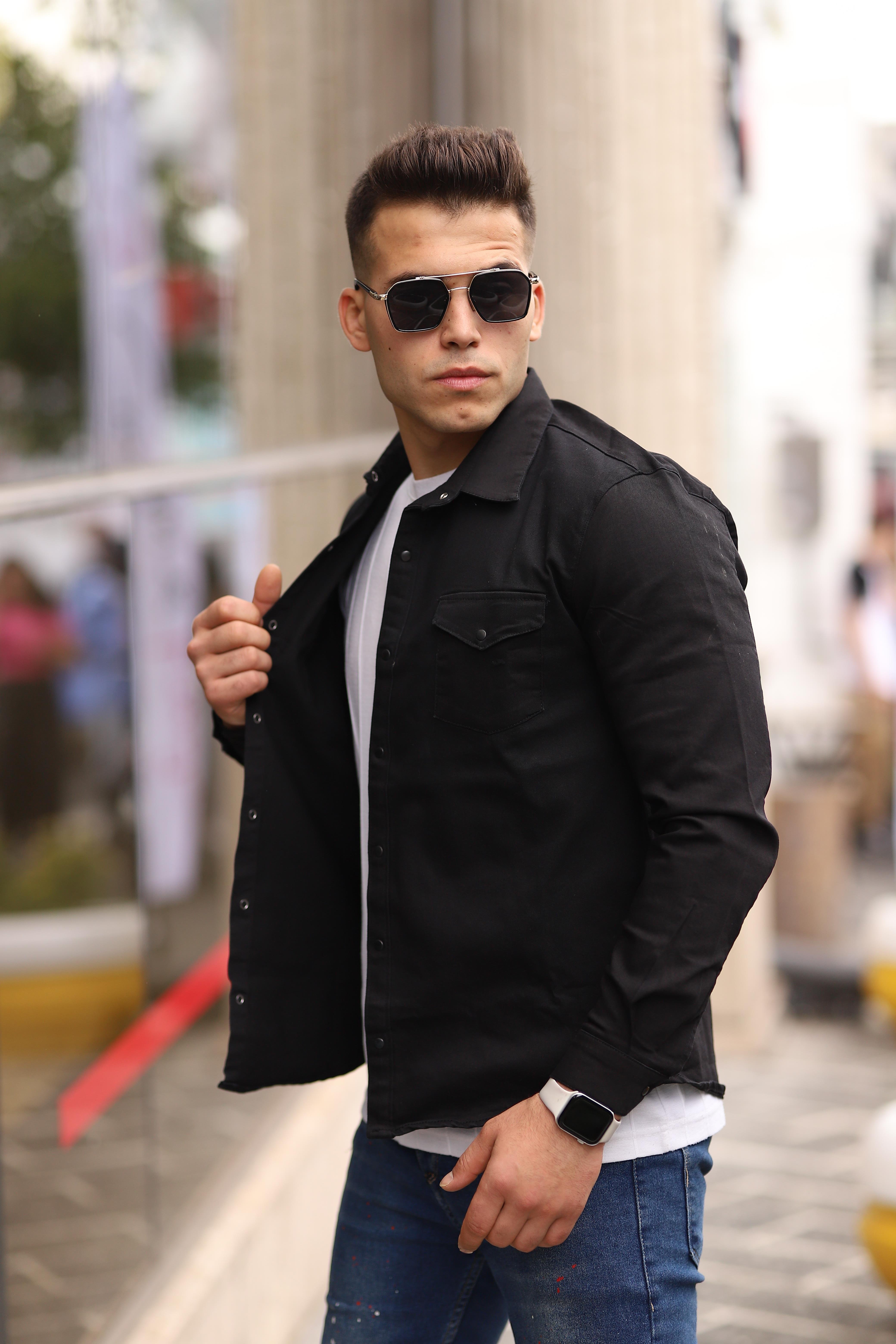 Siyah Renk Çıt Çıt Düğmeli Çift Cep Kot Gömlek