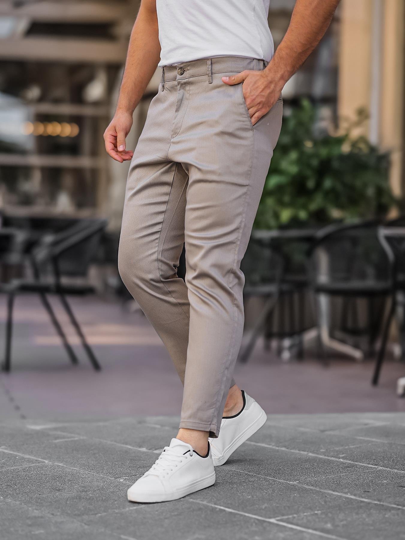 Bej Renk Armürlü Gabardin Pantolon
