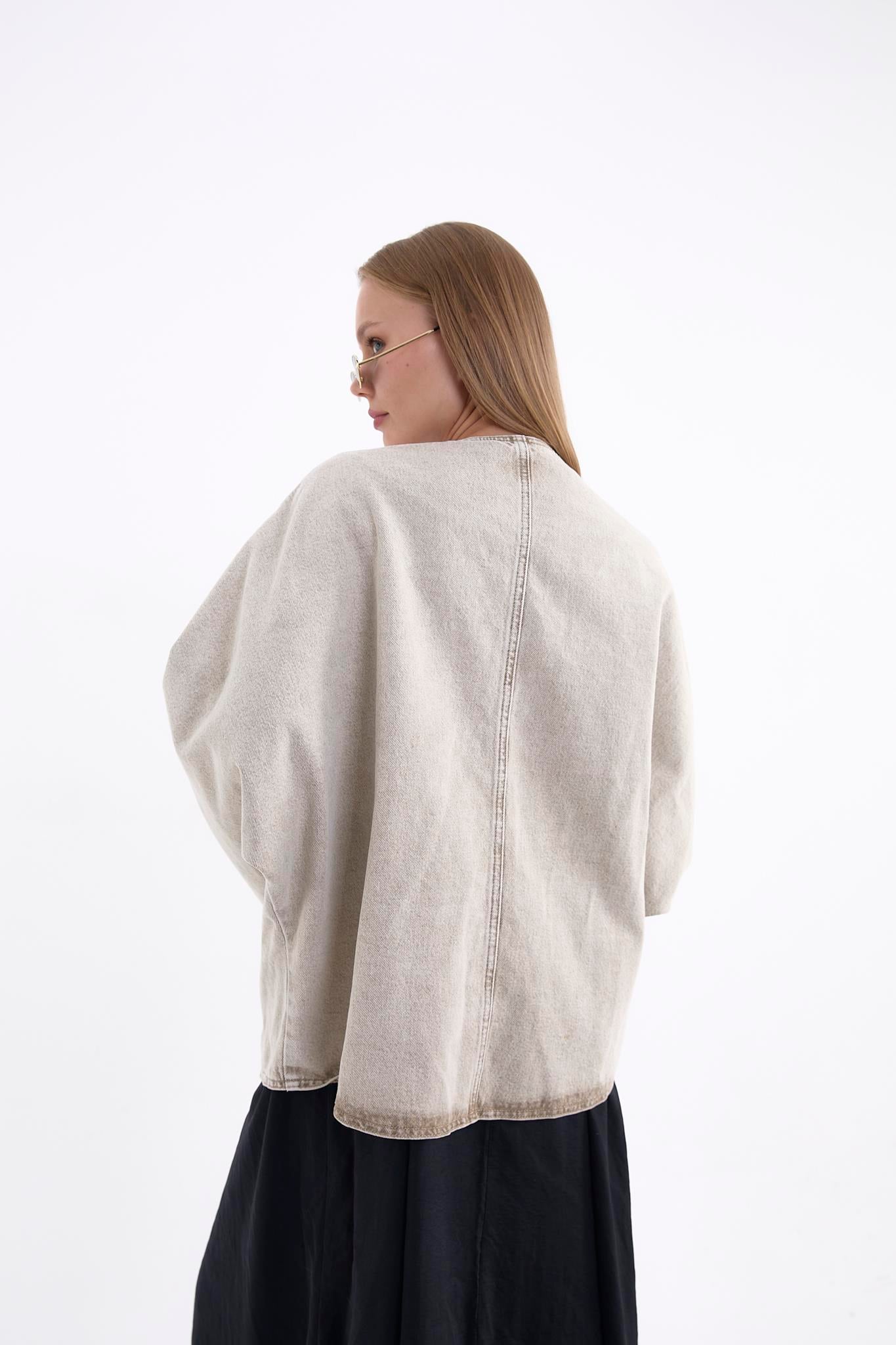 Taş Renk Eskitme Oversize Kadın Kot Ceket